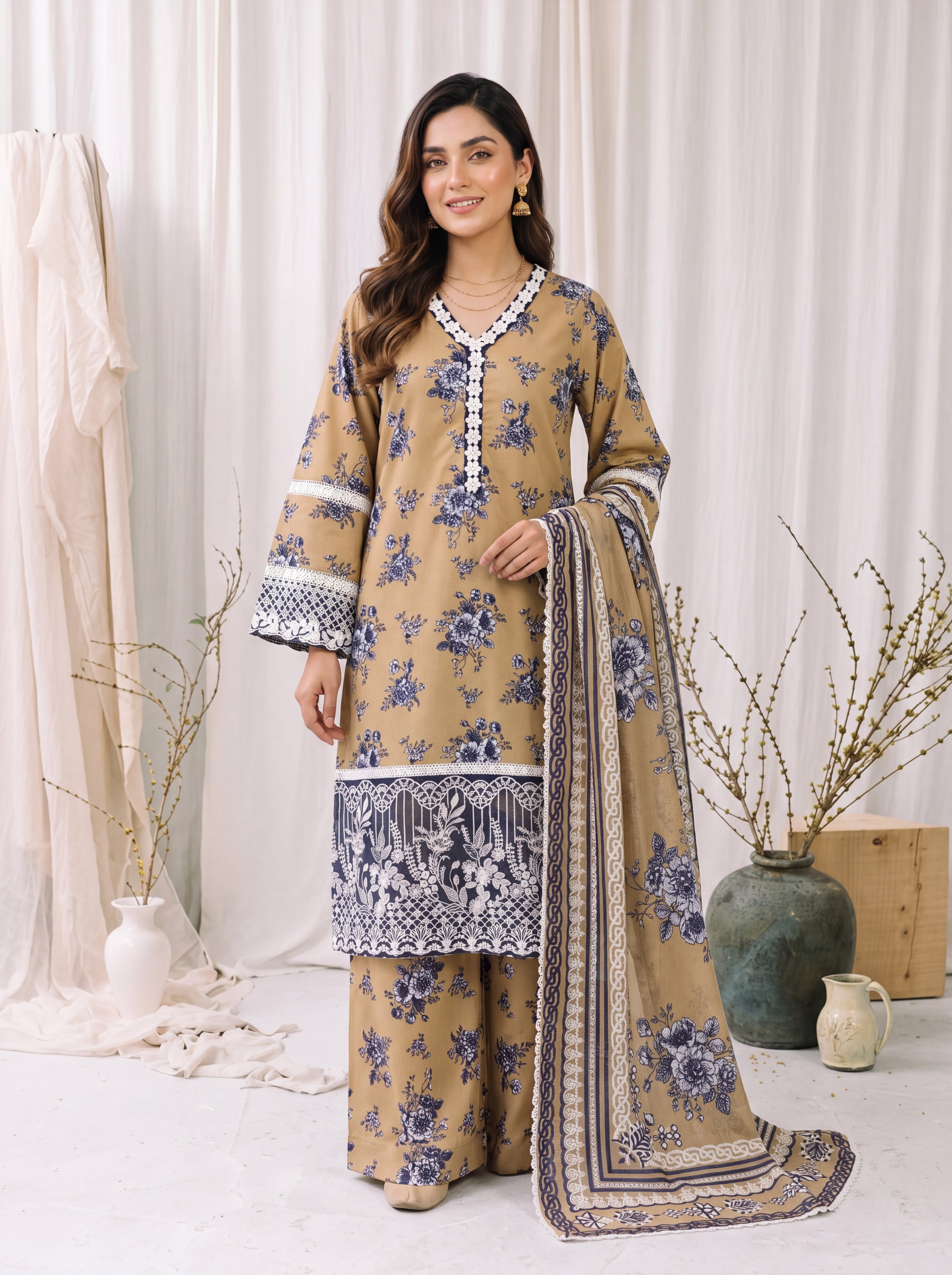Sumbul – Beige Floral Poly Lawn 3 Piece Printed Suit with Dupatta