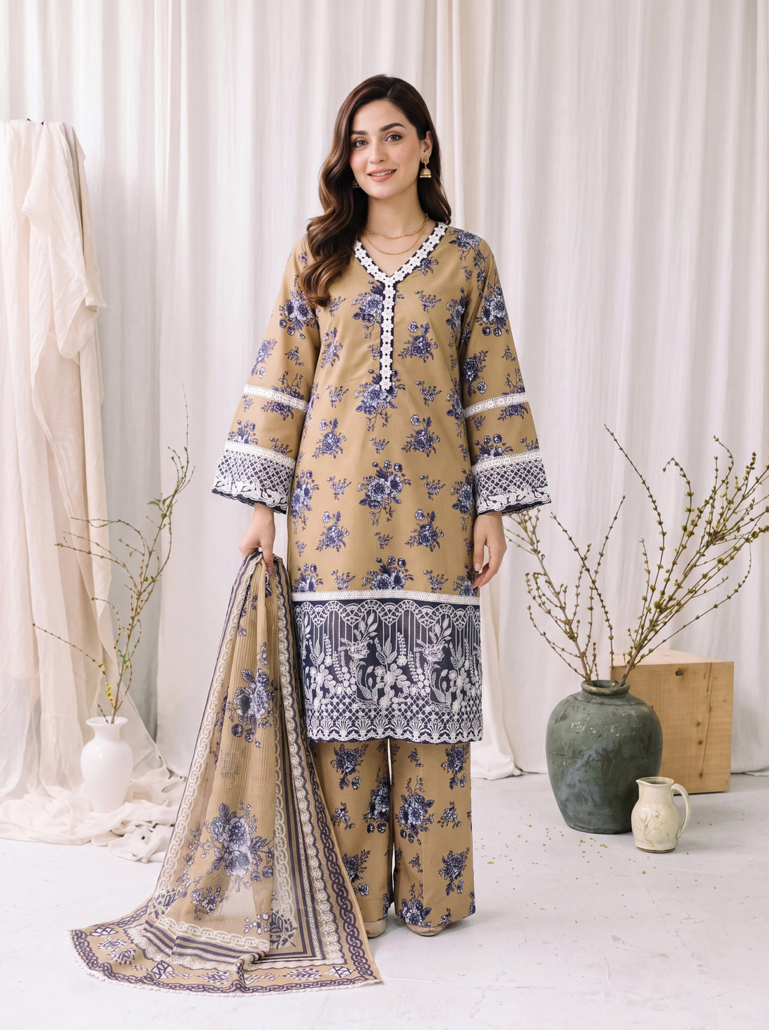 Sumbul – Beige Floral Poly Lawn 3 Piece Printed Suit with Dupatta