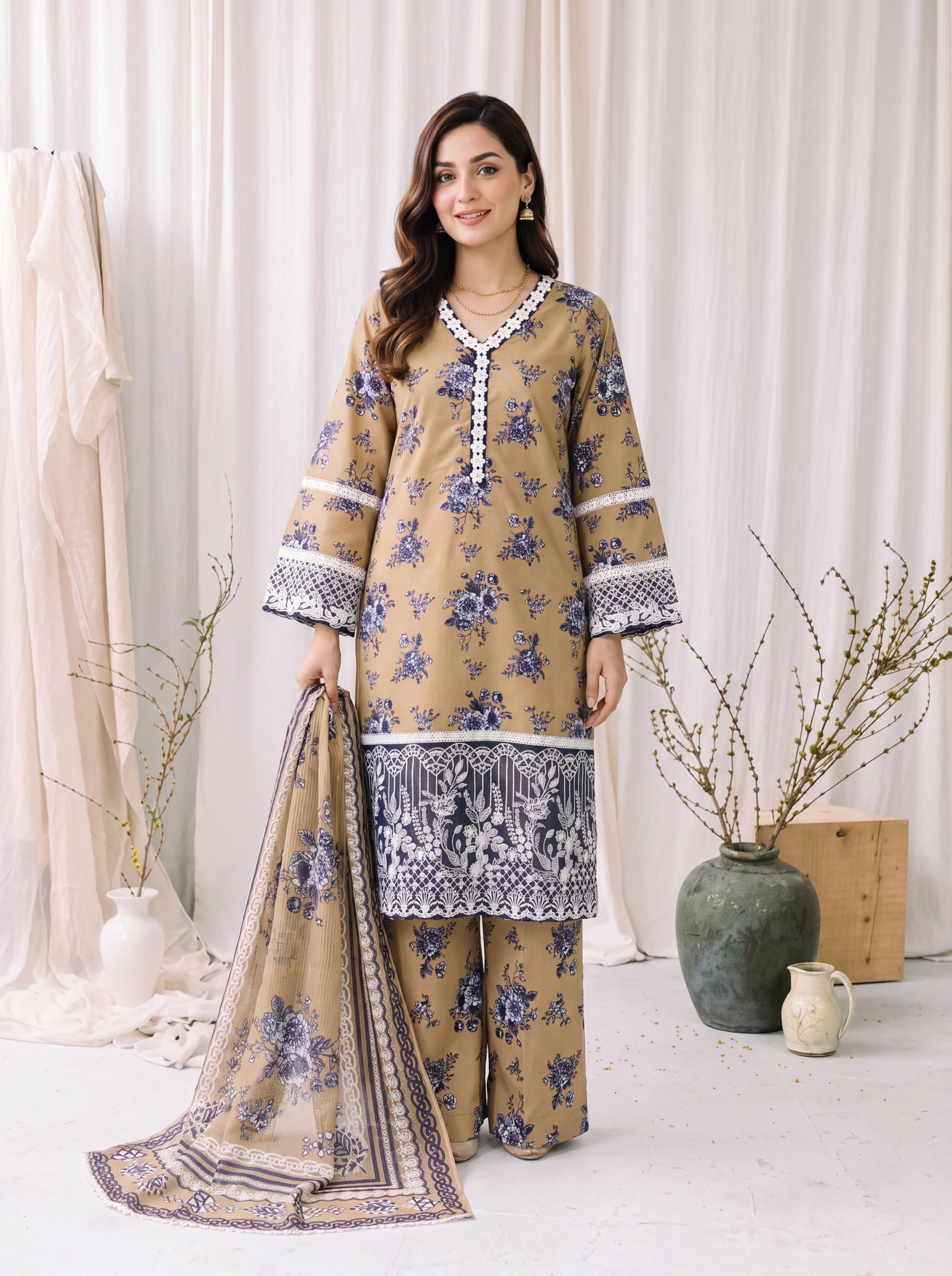 Sumbul – Beige Floral Poly Lawn 3 Piece Printed Suit with Dupatta