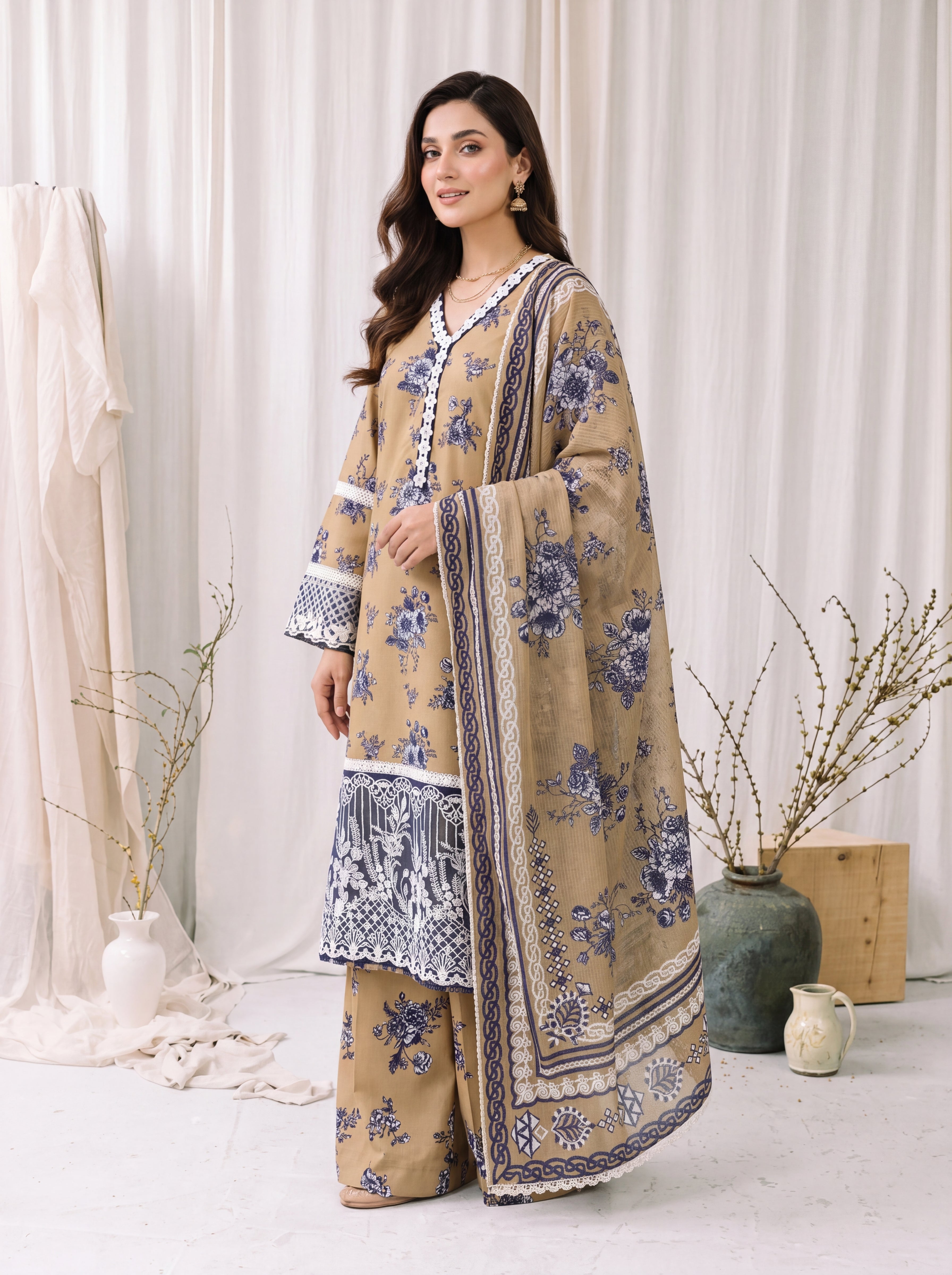 Sumbul – Beige Floral Poly Lawn 3 Piece Printed Suit with Dupatta