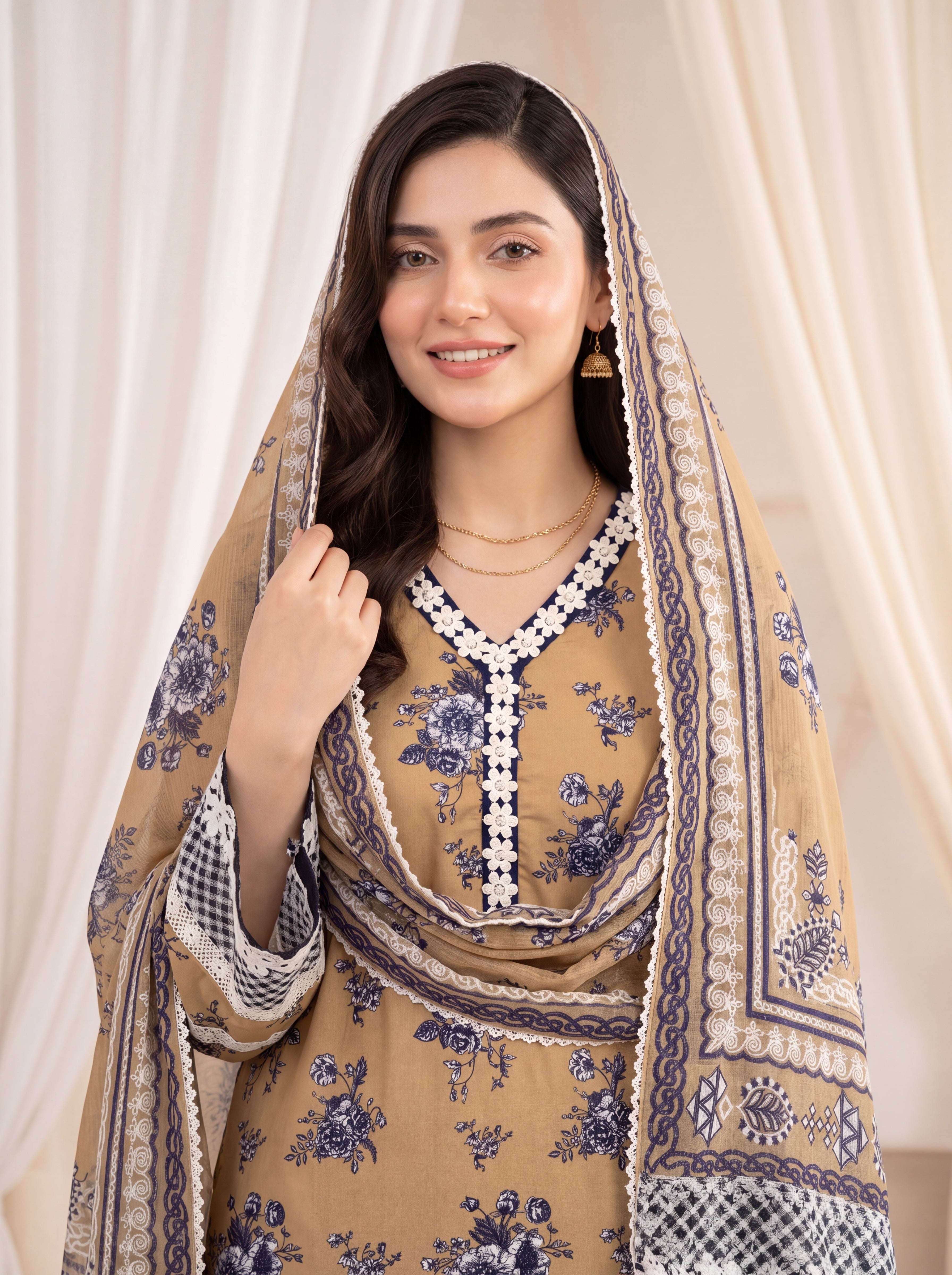 Sumbul – Beige Floral Poly Lawn 3 Piece Printed Suit with Dupatta