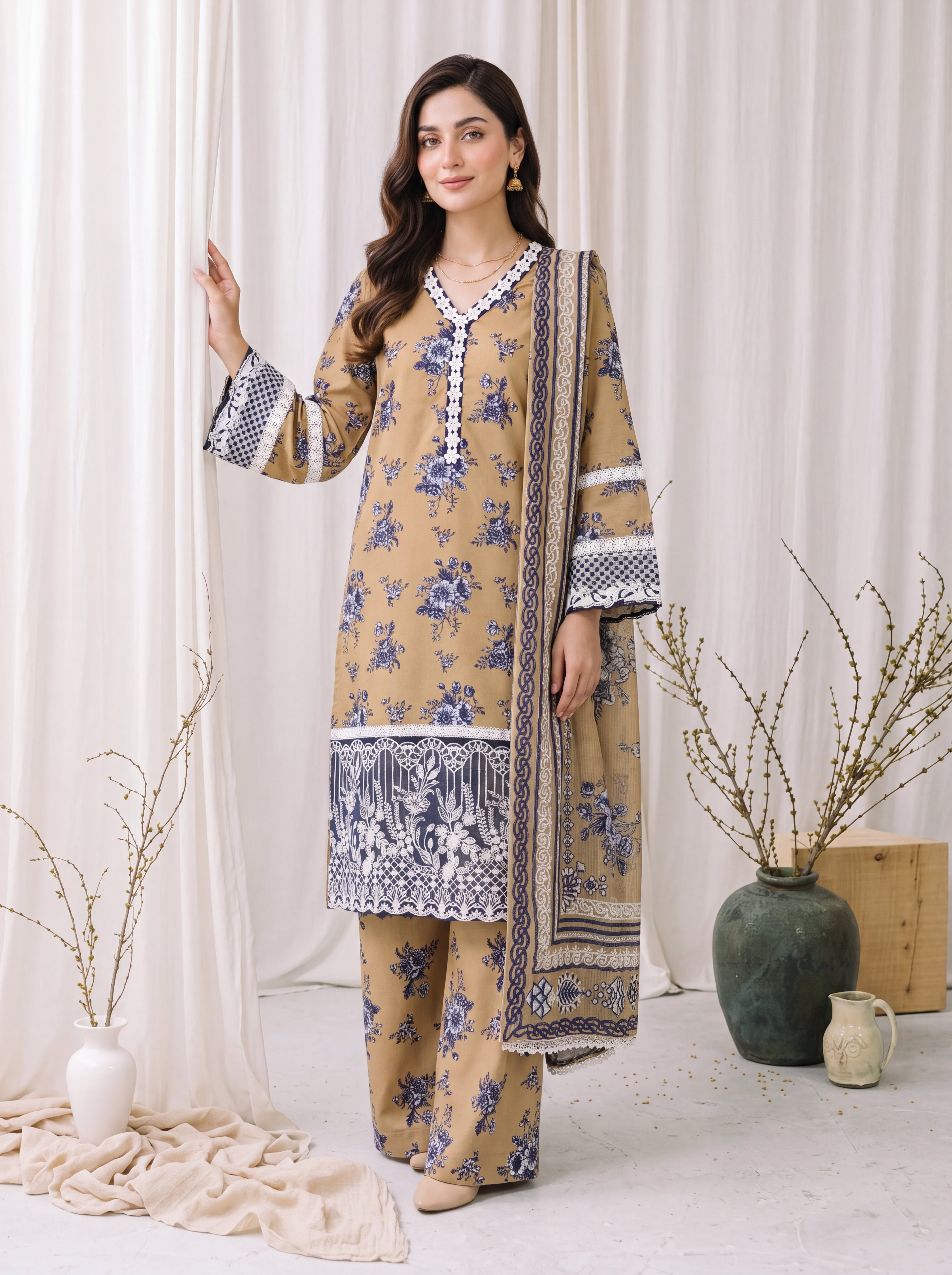 Sumbul – Beige Floral Poly Lawn 3 Piece Printed Suit with Dupatta