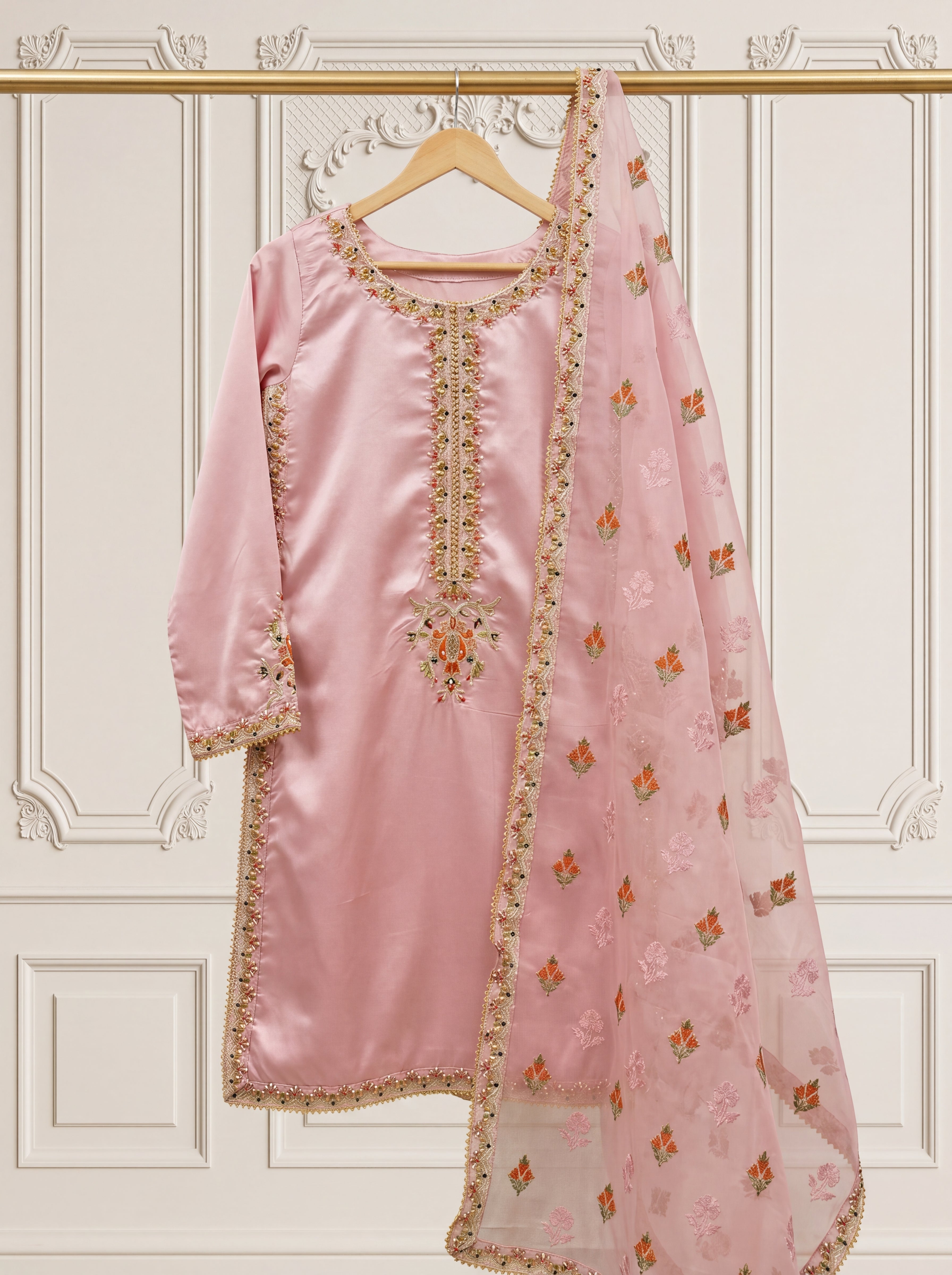 Gulrukh – Blush Pink Silk Embroidered 3 Piece Suit with Dupatta for Women