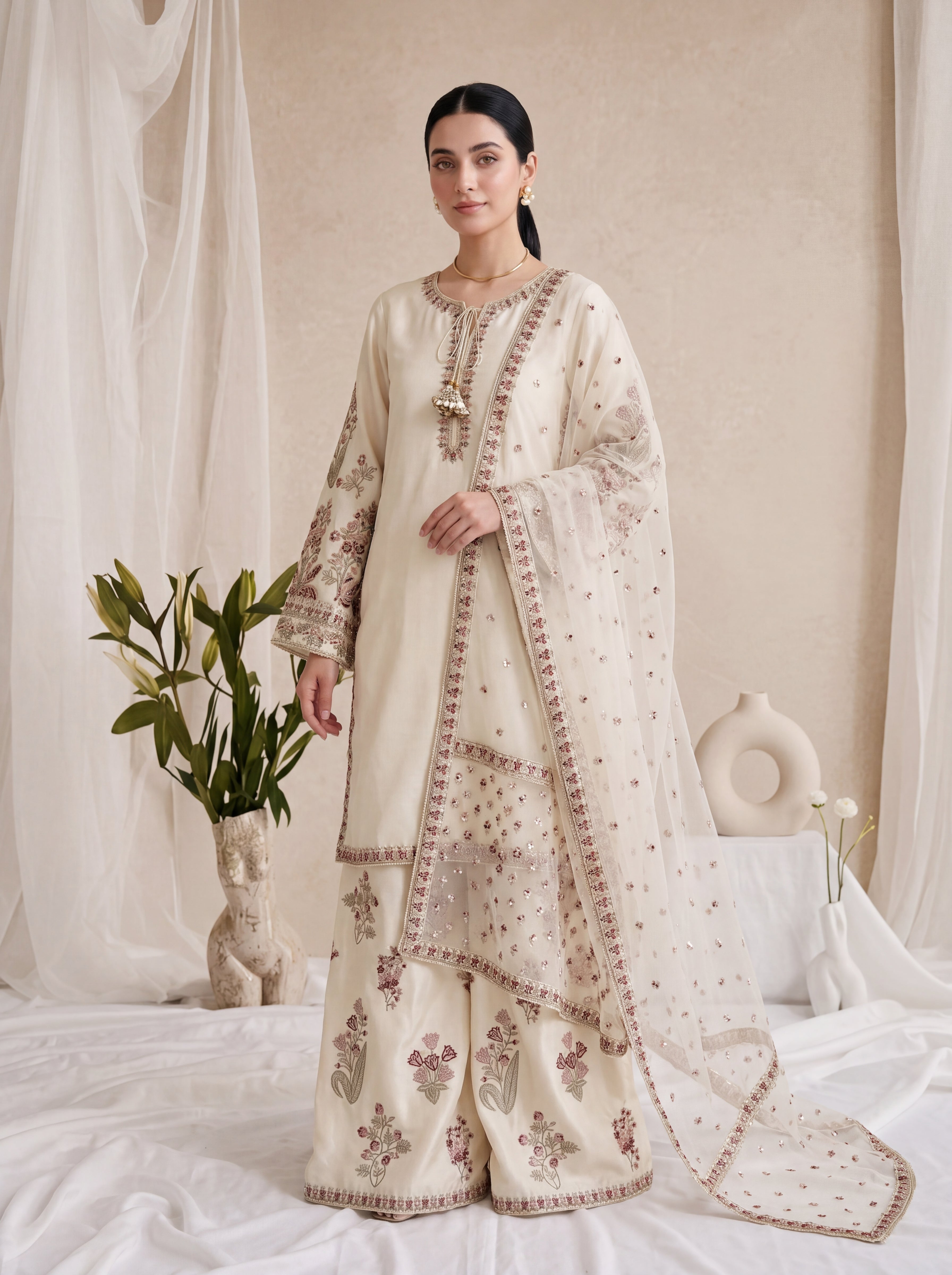 Daisy – Ivory &amp; Crimson Embroidered 3-Piece Silk with Dupata &amp; Sharara by ANAWA