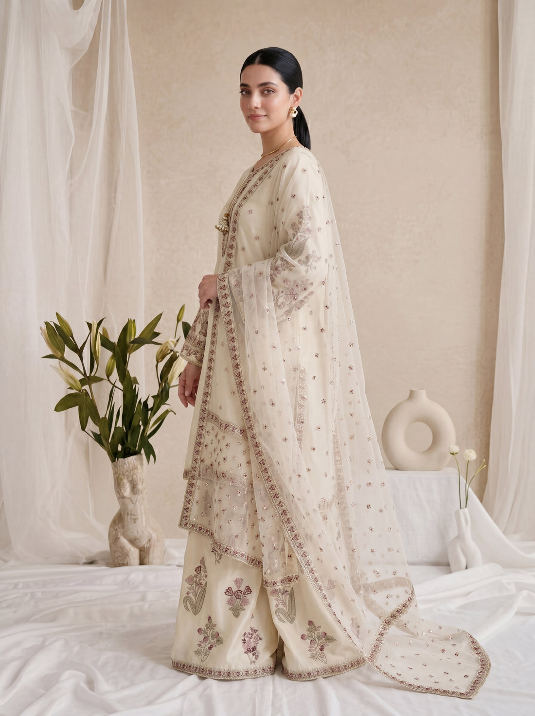 Daisy – Ivory &amp; Crimson Embroidered 3-Piece Silk with Dupata &amp; Sharara by ANAWA