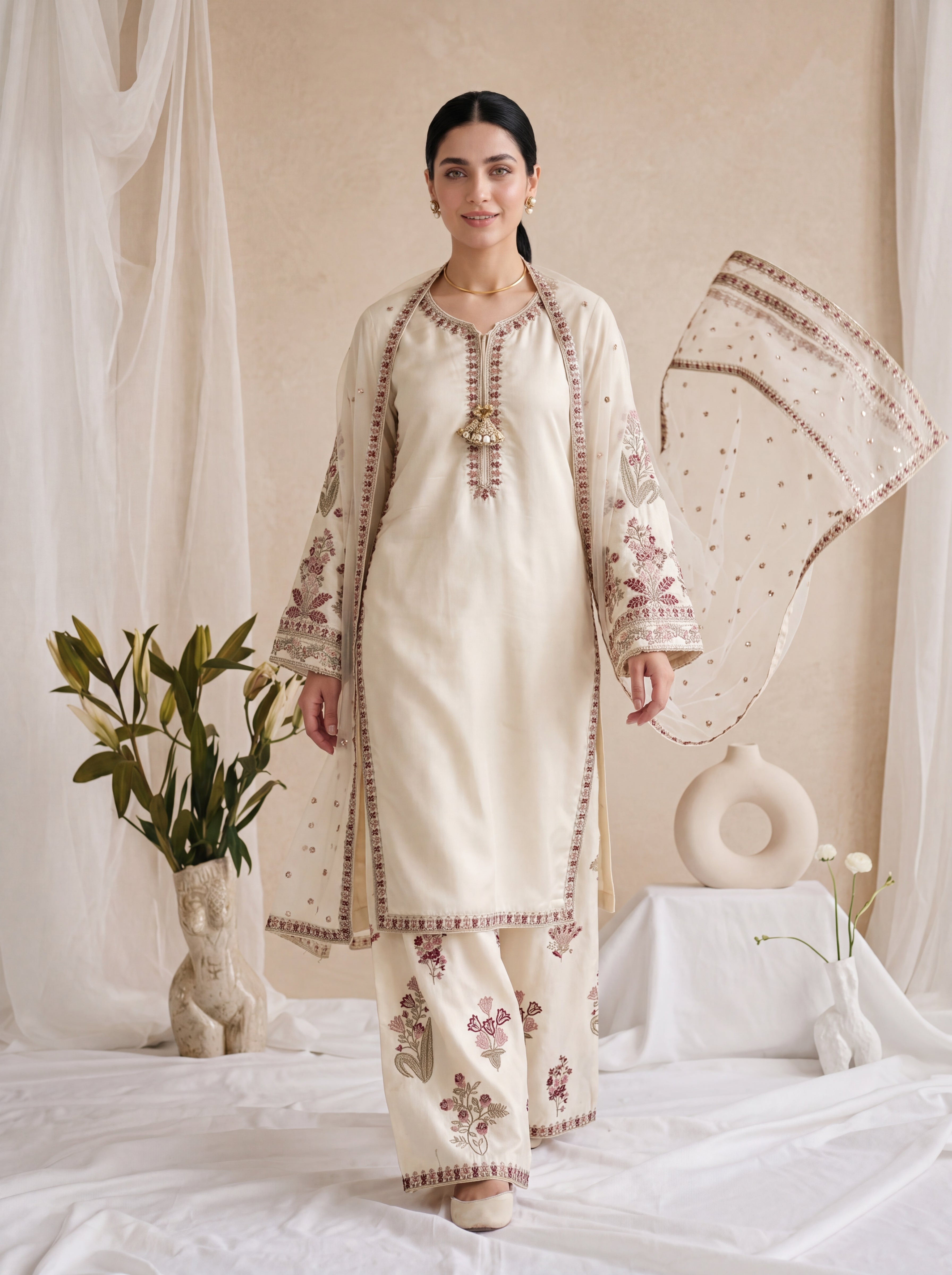 Daisy – Ivory &amp; Crimson Embroidered 3-Piece Silk with Dupata &amp; Sharara by ANAWA