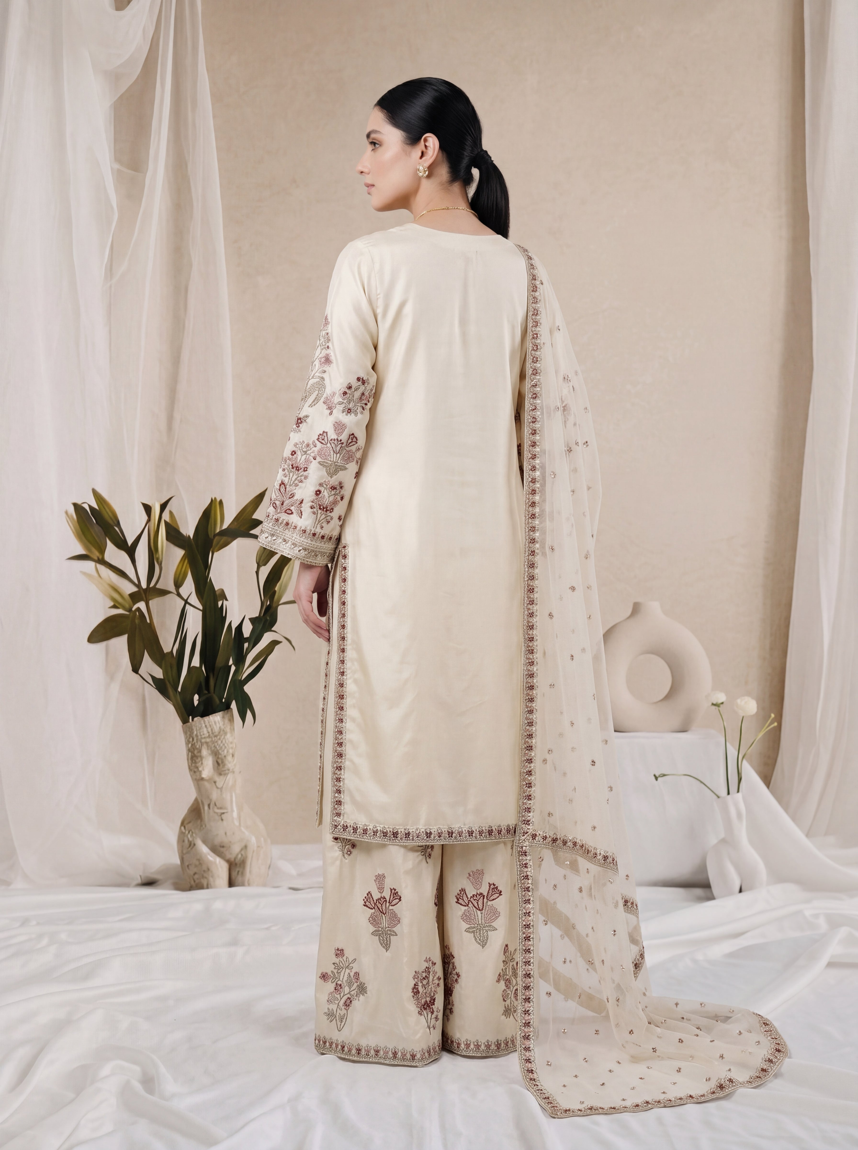 Daisy – Ivory &amp; Crimson Embroidered 3-Piece Silk with Dupata &amp; Sharara by ANAWA