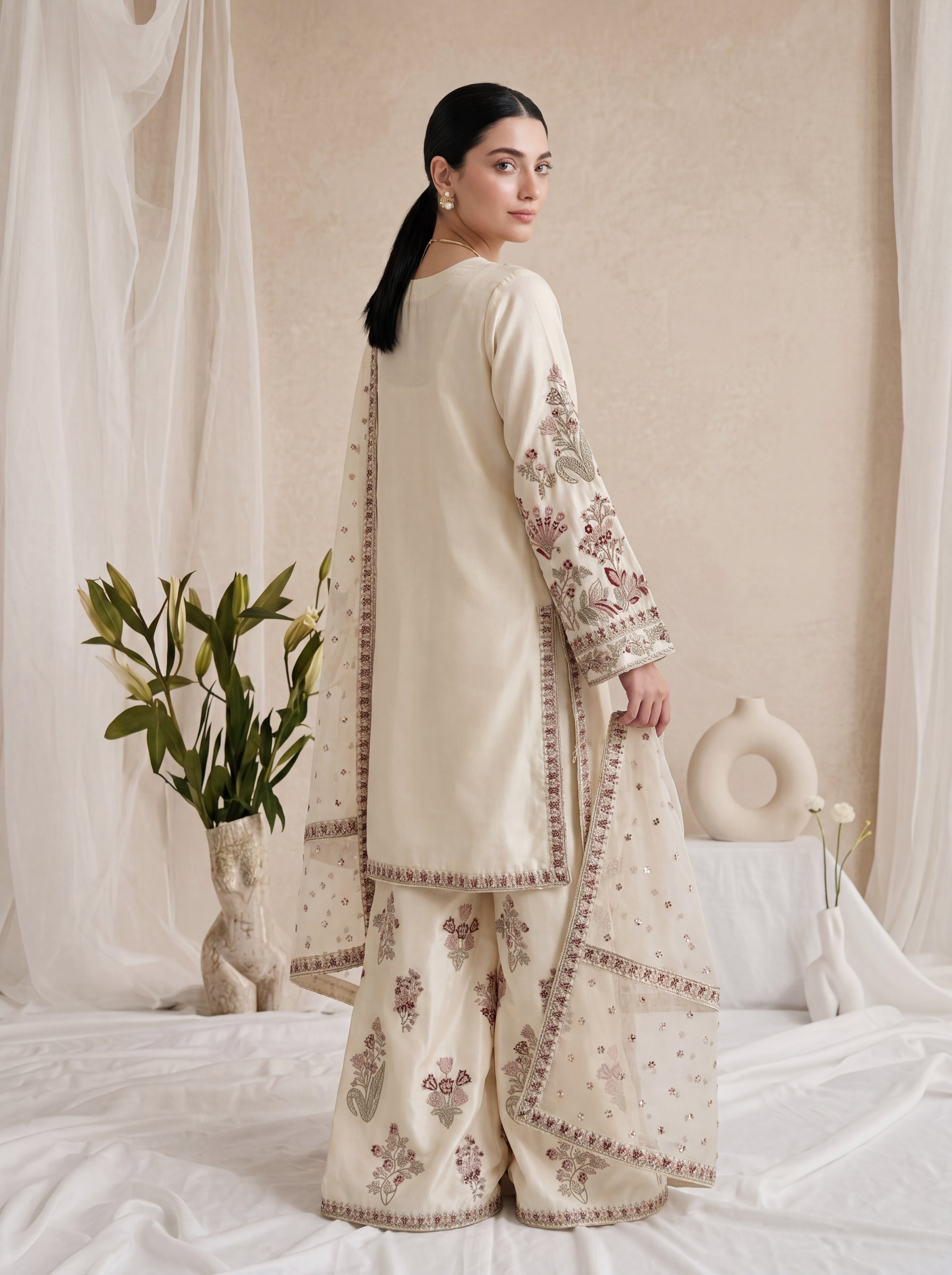 Daisy – Ivory &amp; Crimson Embroidered 3-Piece Silk with Dupata &amp; Sharara by ANAWA