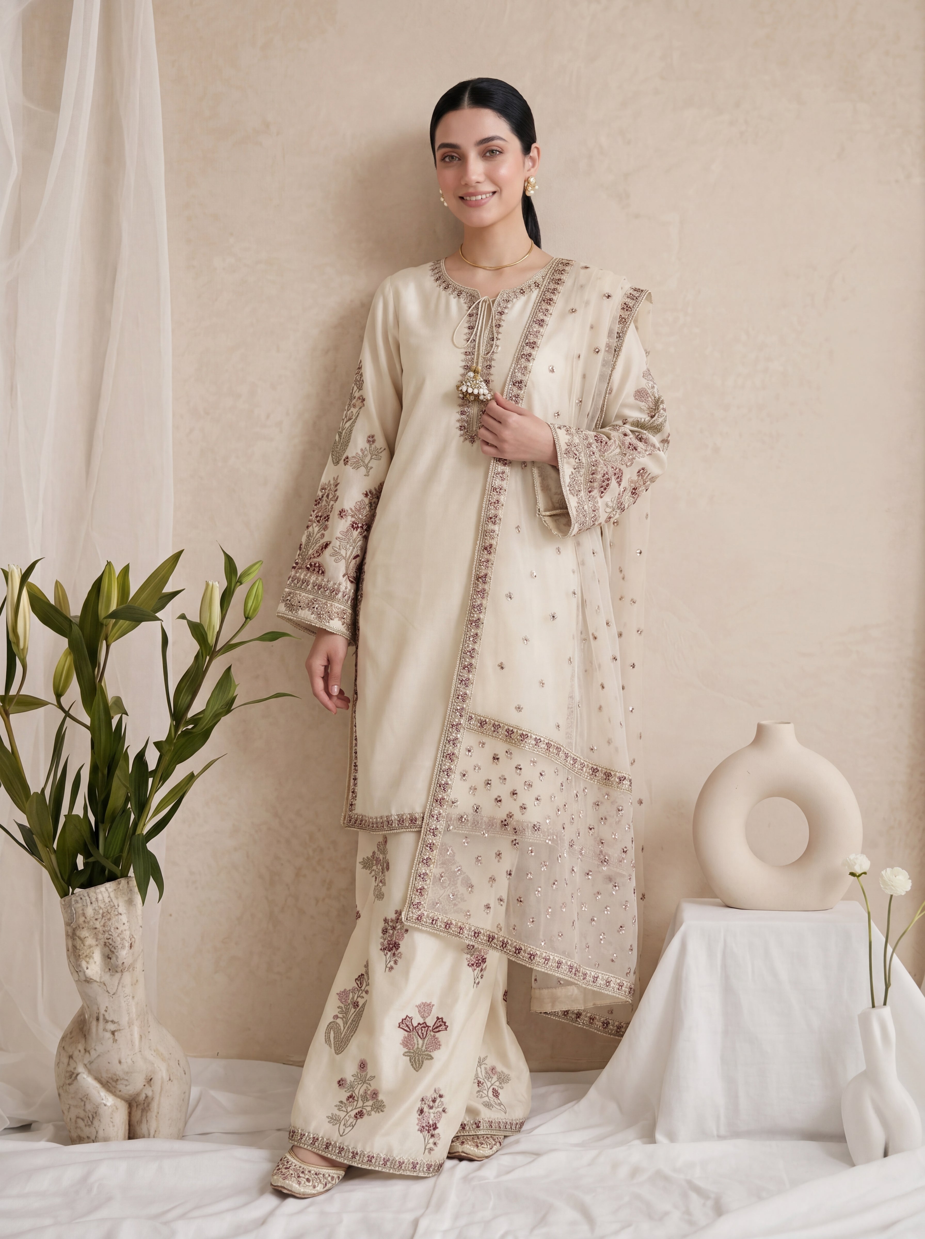 Daisy – Ivory &amp; Crimson Embroidered 3-Piece Silk with Dupata &amp; Sharara by ANAWA