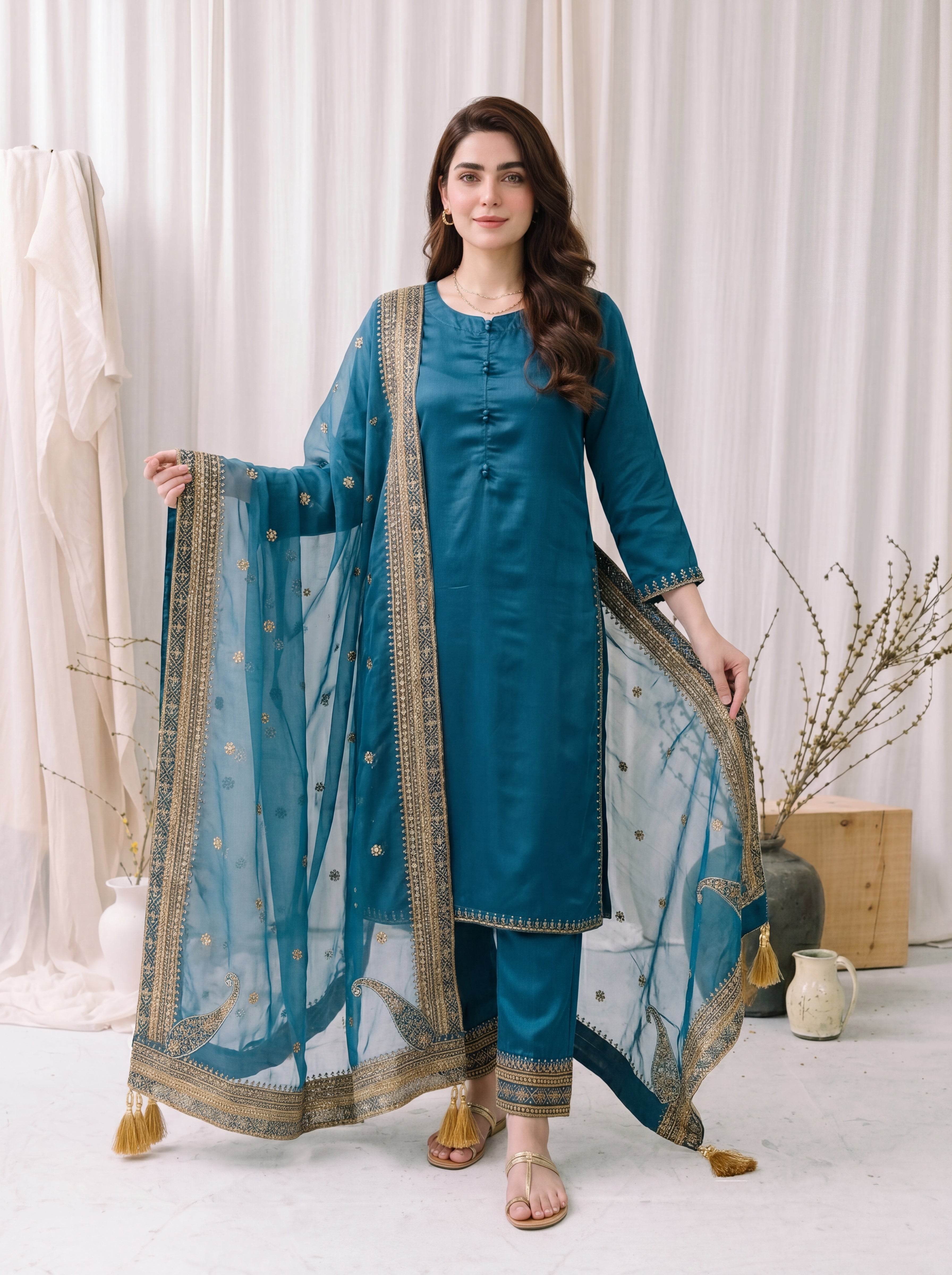 Zarqash – Teal Blue Luxury Silk 3 Piece Suit with Organza Dupatta