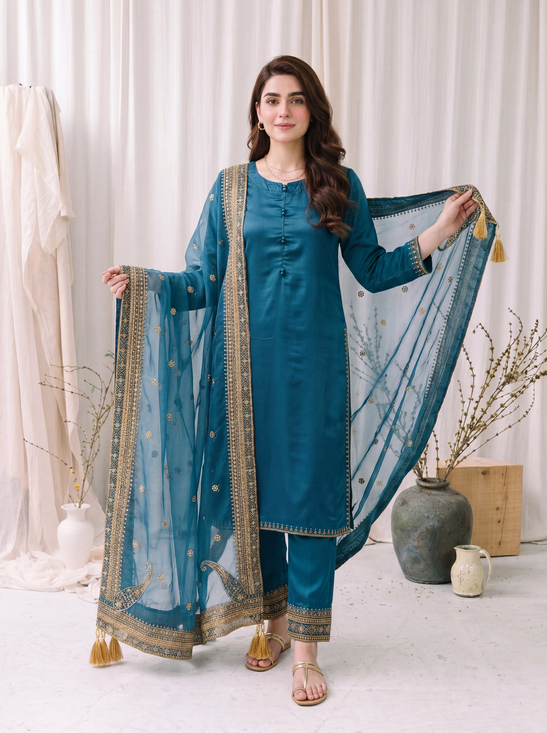 Zarqash – Teal Blue Luxury Silk 3 Piece Suit with Organza Dupatta