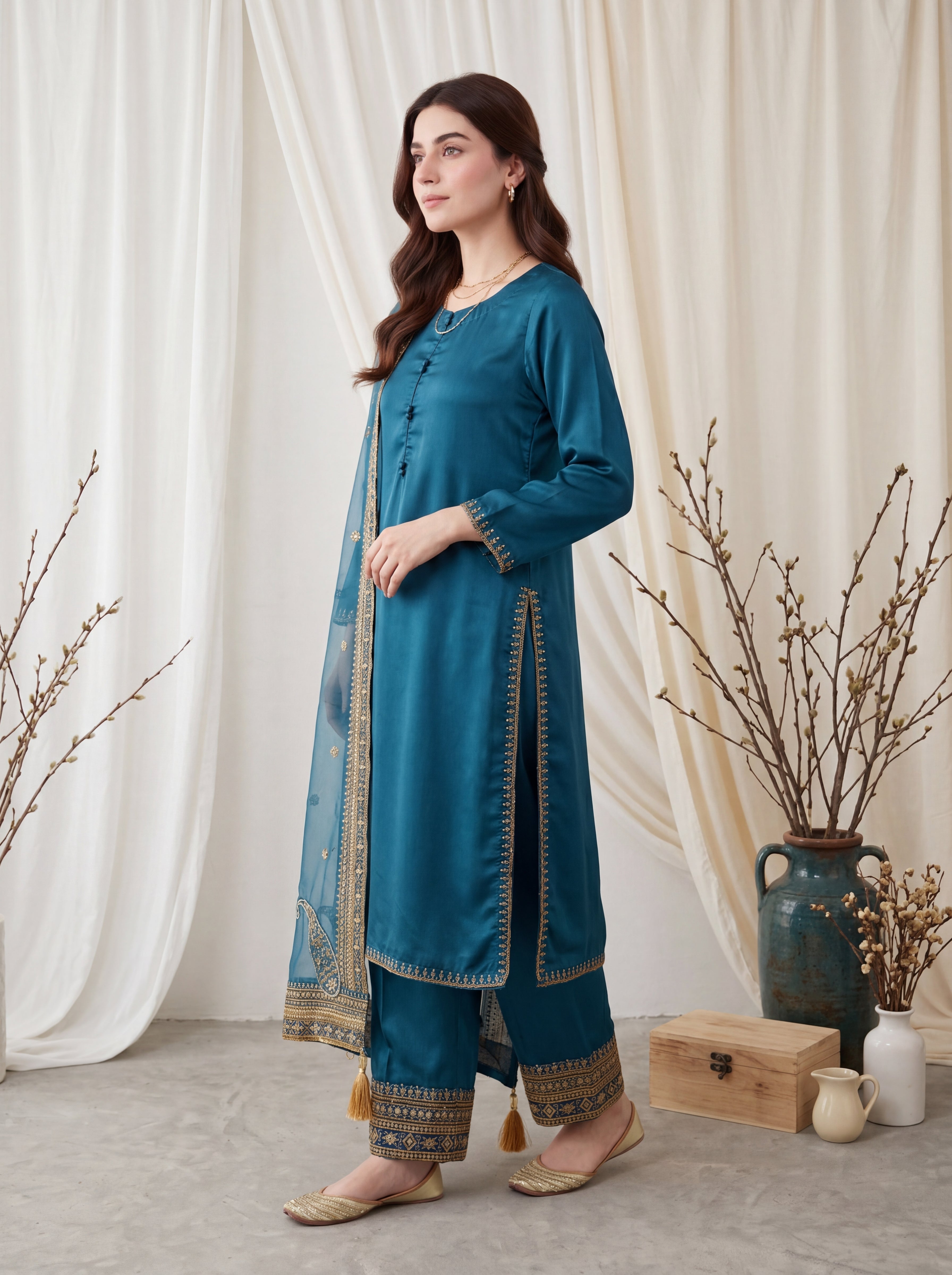Zarqash – Teal Blue Luxury Silk 3 Piece Suit with Organza Dupatta