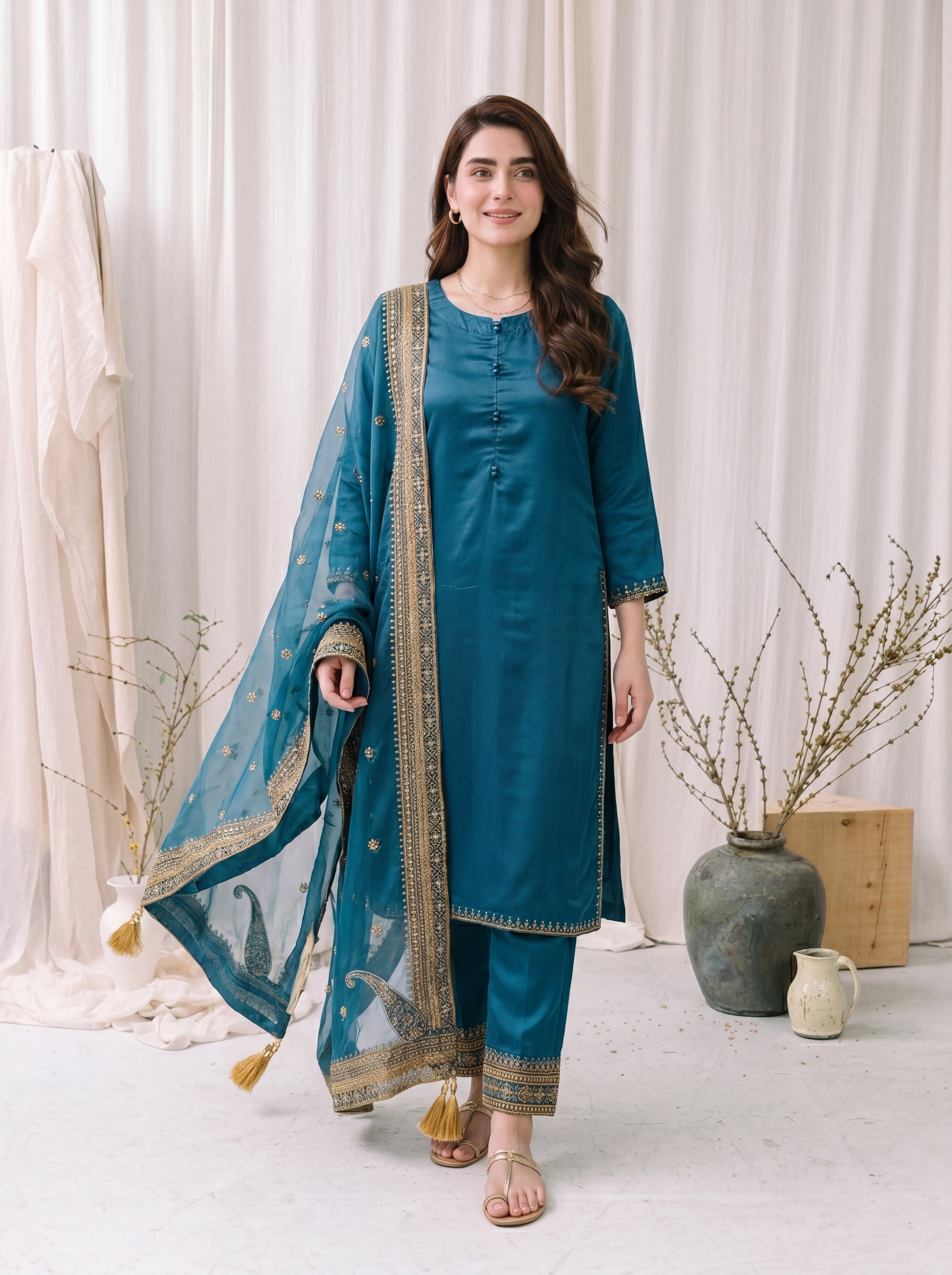 Zarqash – Teal Blue Luxury Silk 3 Piece Suit with Organza Dupatta
