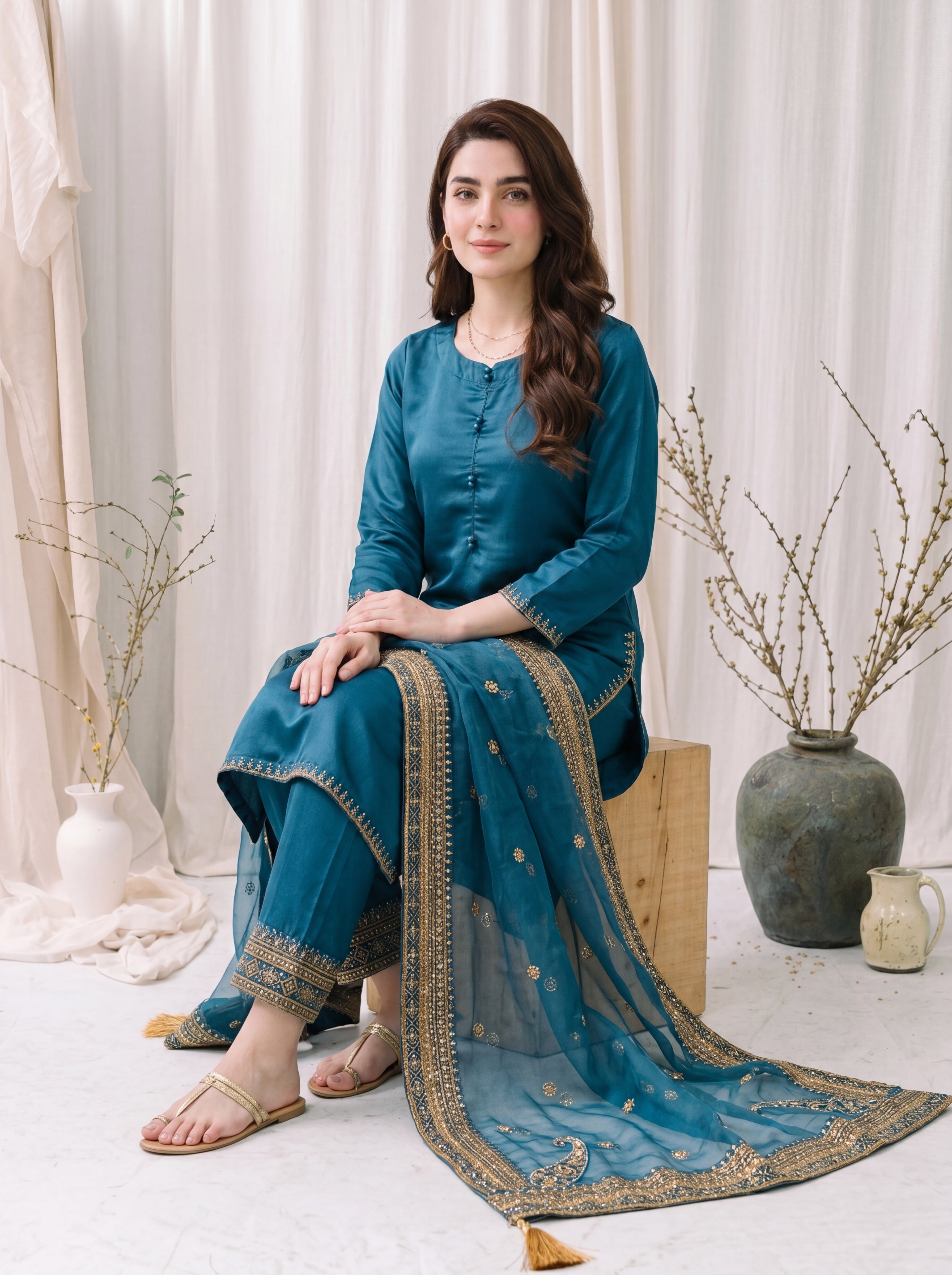 Zarqash – Teal Blue Luxury Silk 3 Piece Suit with Organza Dupatta