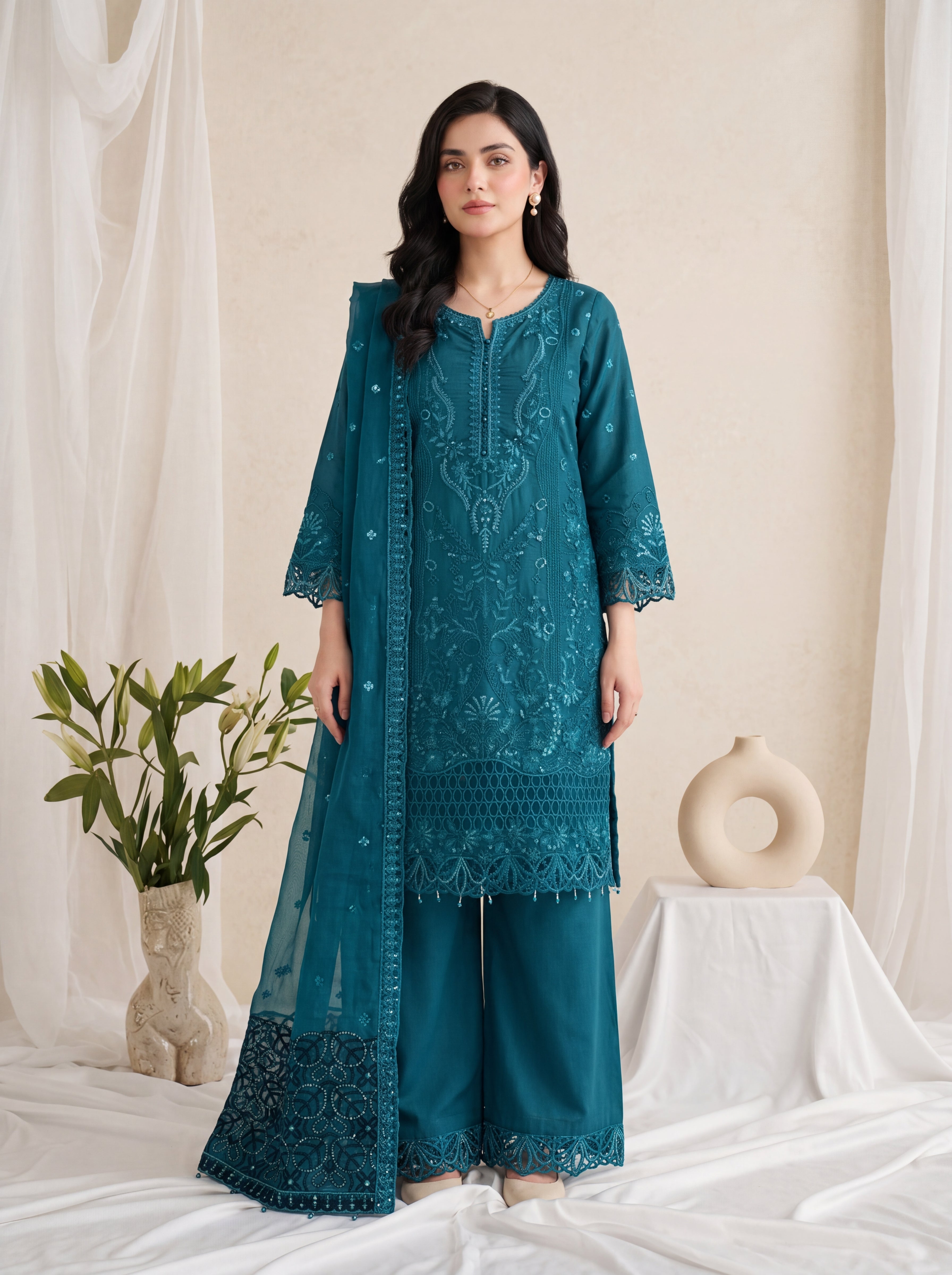 Mehrnaz – Teal Chiffon Embroidered 3 Piece Pakistani Suit with Dupatta