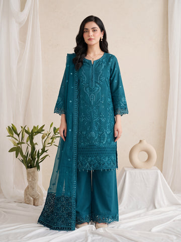 Mehrnaz – Teal Chiffon Embroidered 3 Piece Pakistani Suit with Dupatta