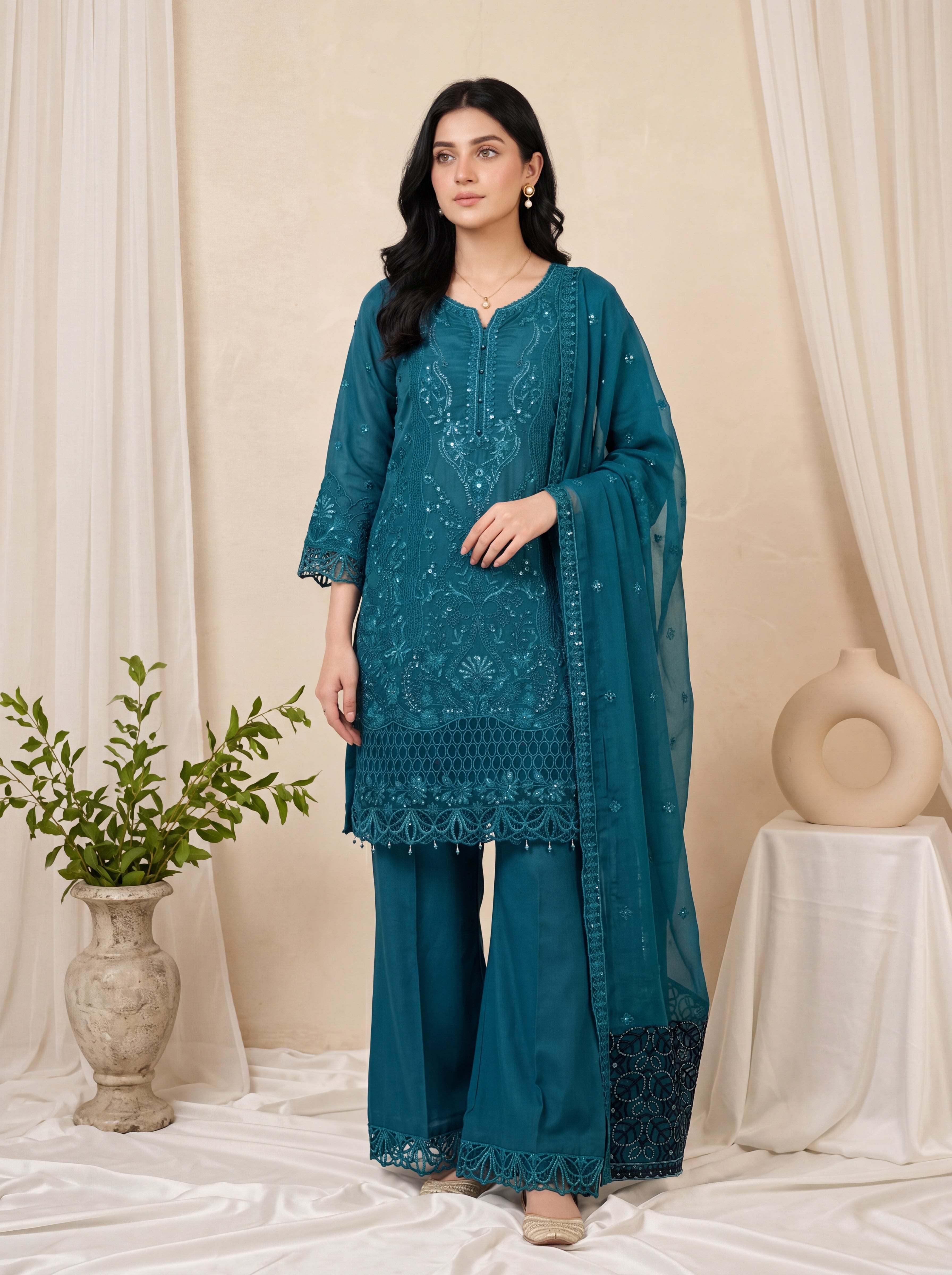 Mehrnaz – Teal Chiffon Embroidered 3 Piece Pakistani Suit with Dupatta