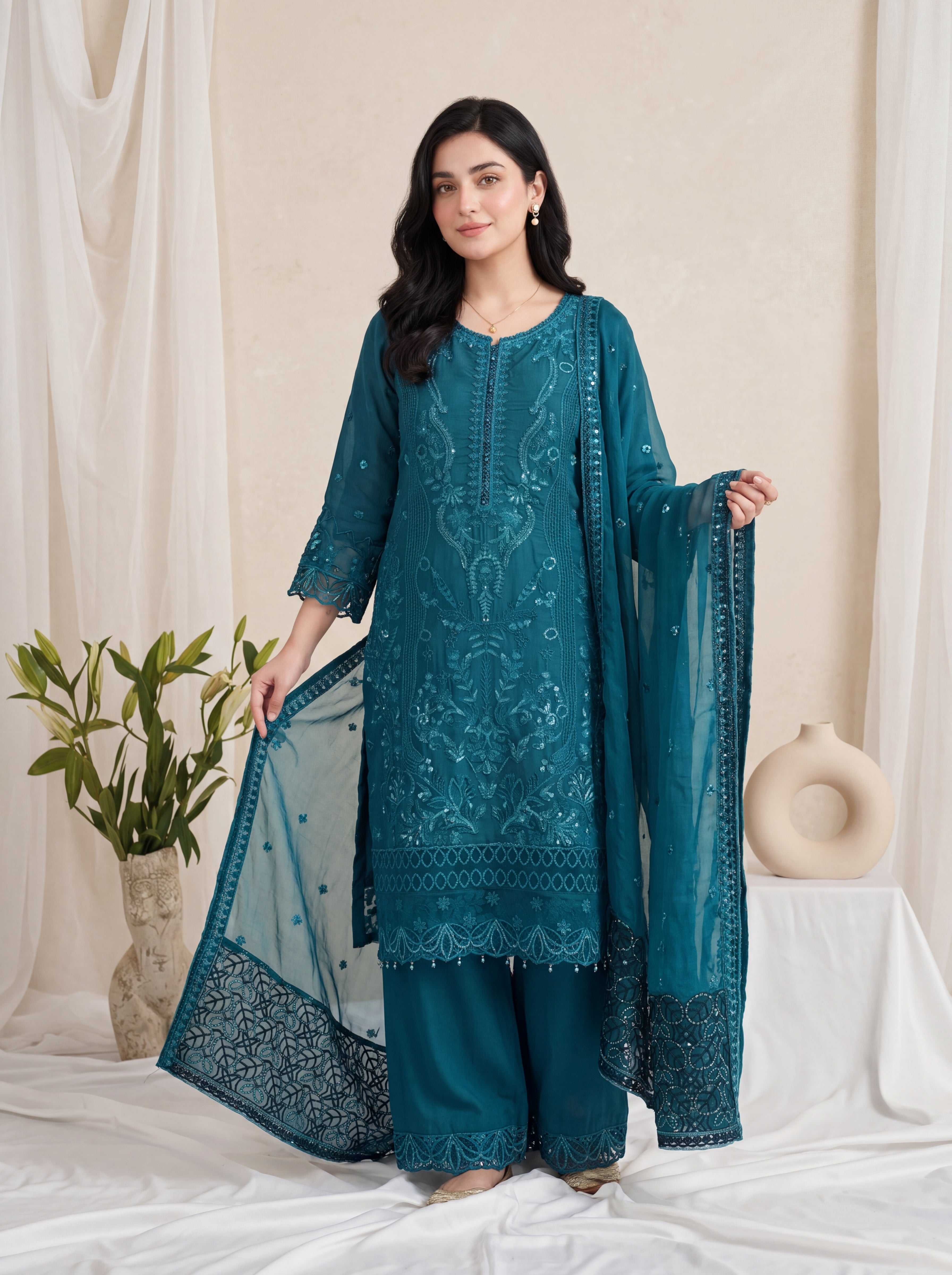 Mehrnaz – Teal Chiffon Embroidered 3 Piece Pakistani Suit with Dupatta