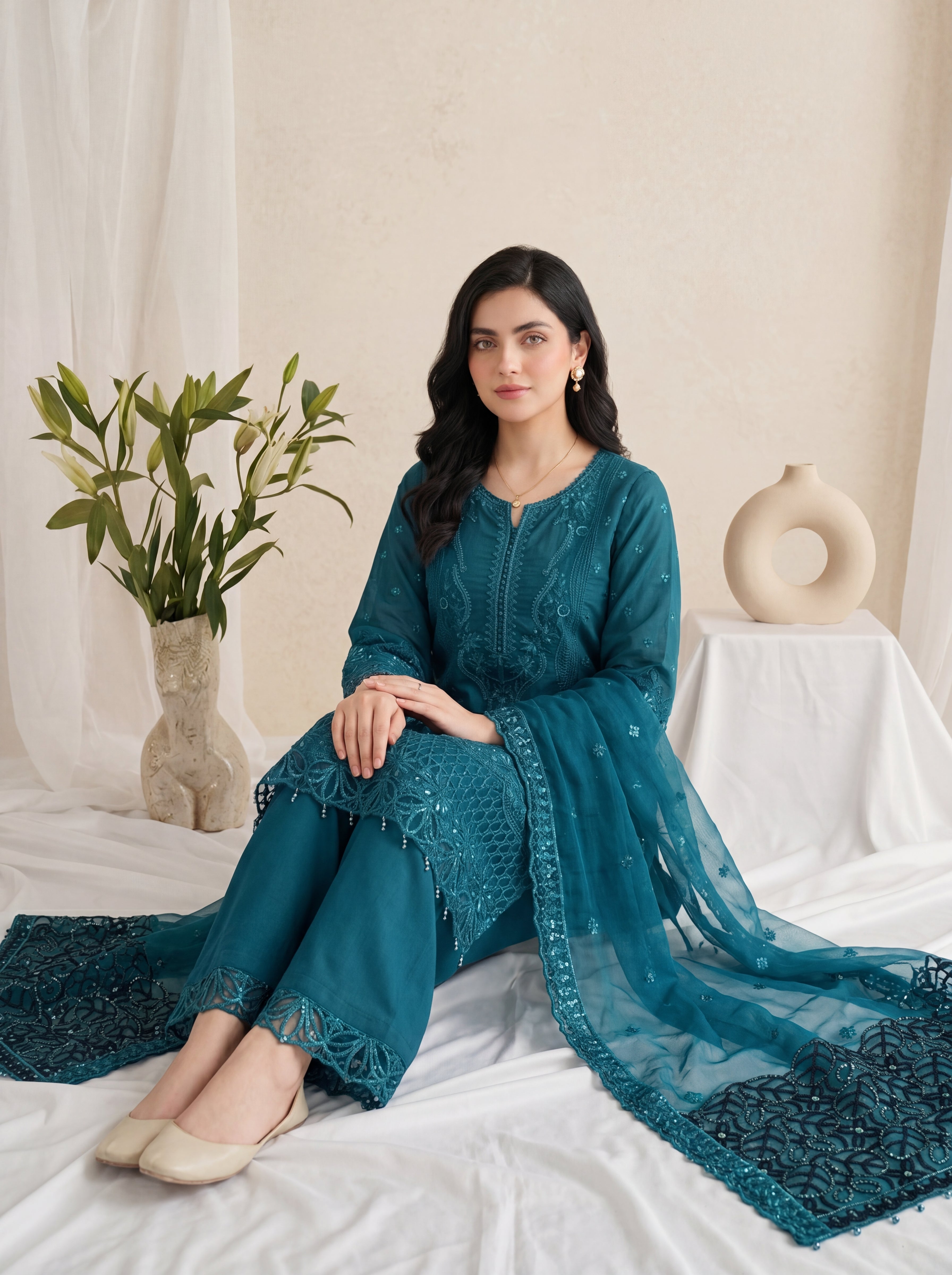 Mehrnaz – Teal Chiffon Embroidered 3 Piece Pakistani Suit with Dupatta