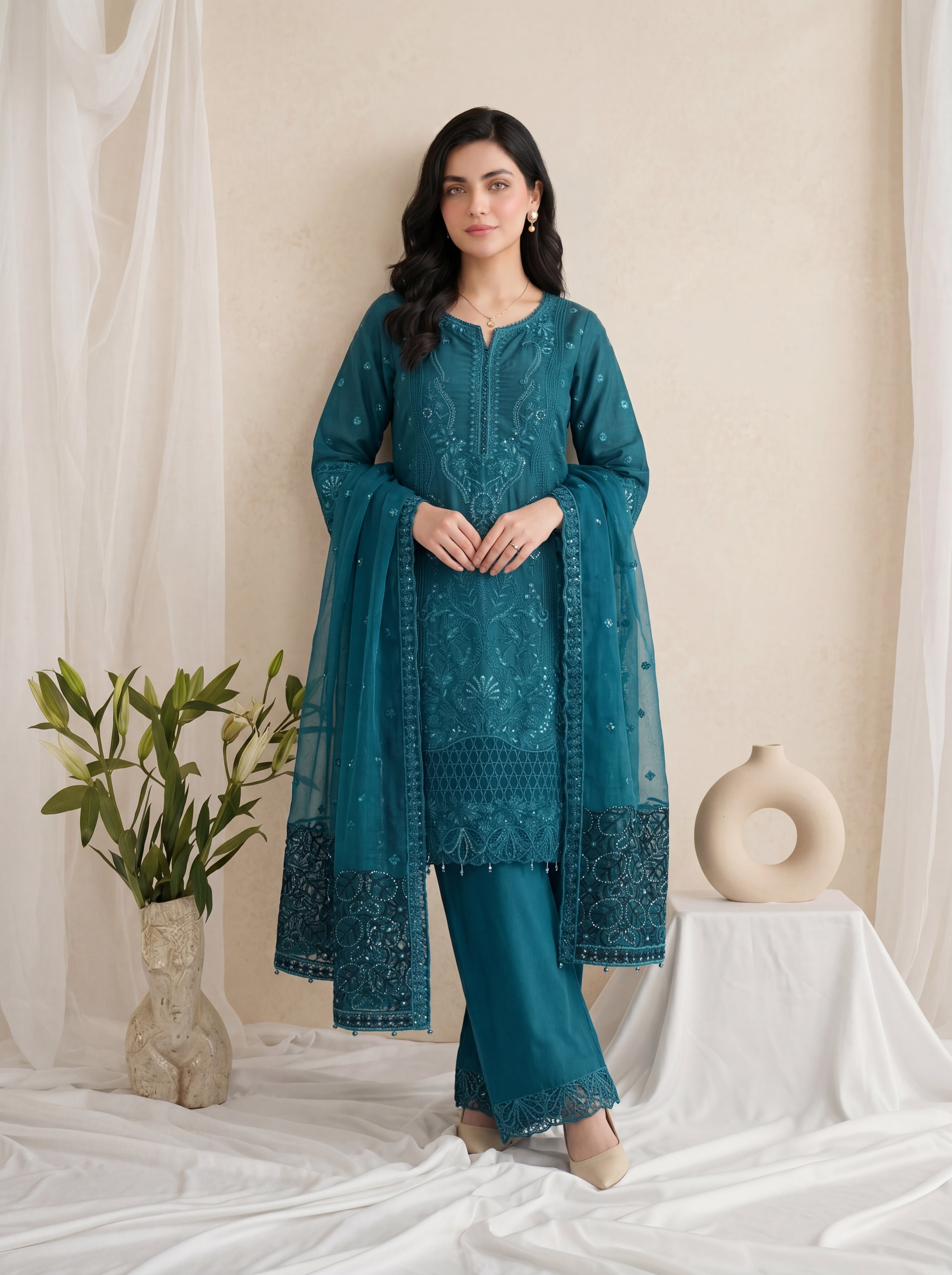 Mehrnaz – Teal Chiffon Embroidered 3 Piece Pakistani Suit with Dupatta