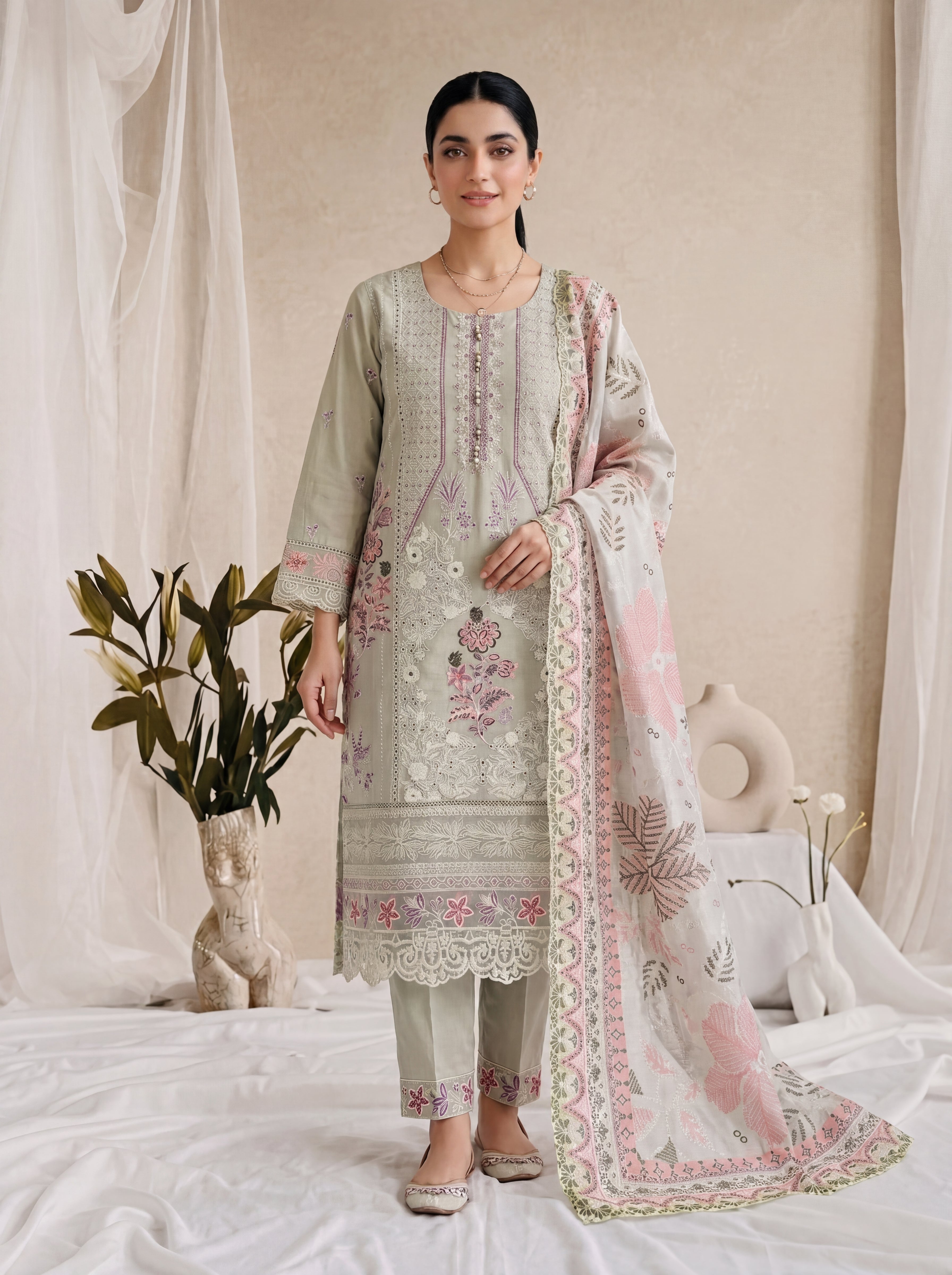 Nooréen - Embroidered Luxury Lawn 3 Piece Suit with Printed Chiffon Dupatta – Pastel Sage by ANAWA&nbsp;