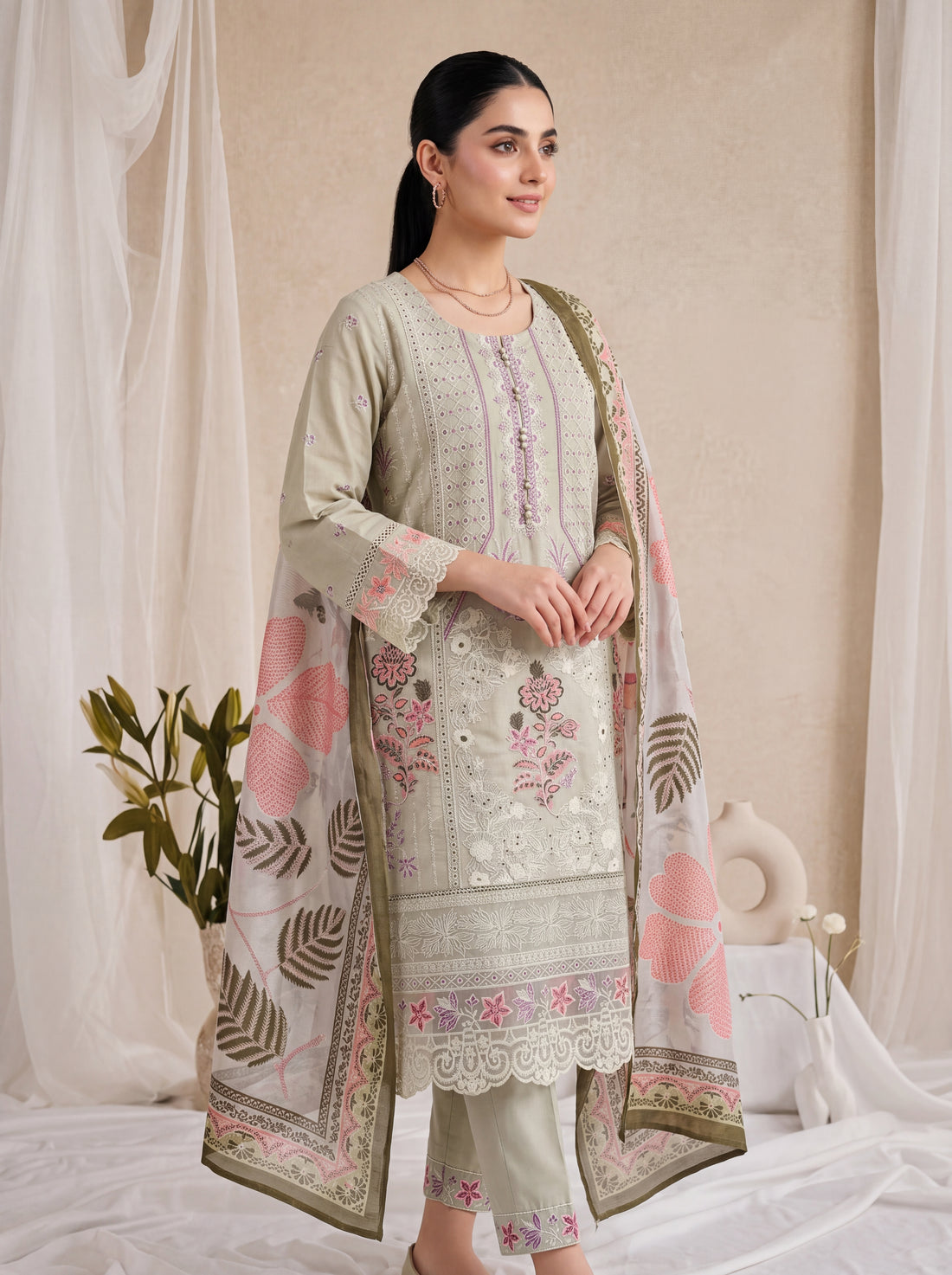 Nooréen - Embroidered Luxury Lawn 3 Piece Suit with Printed Chiffon Dupatta – Pastel Sage by ANAWA&nbsp;