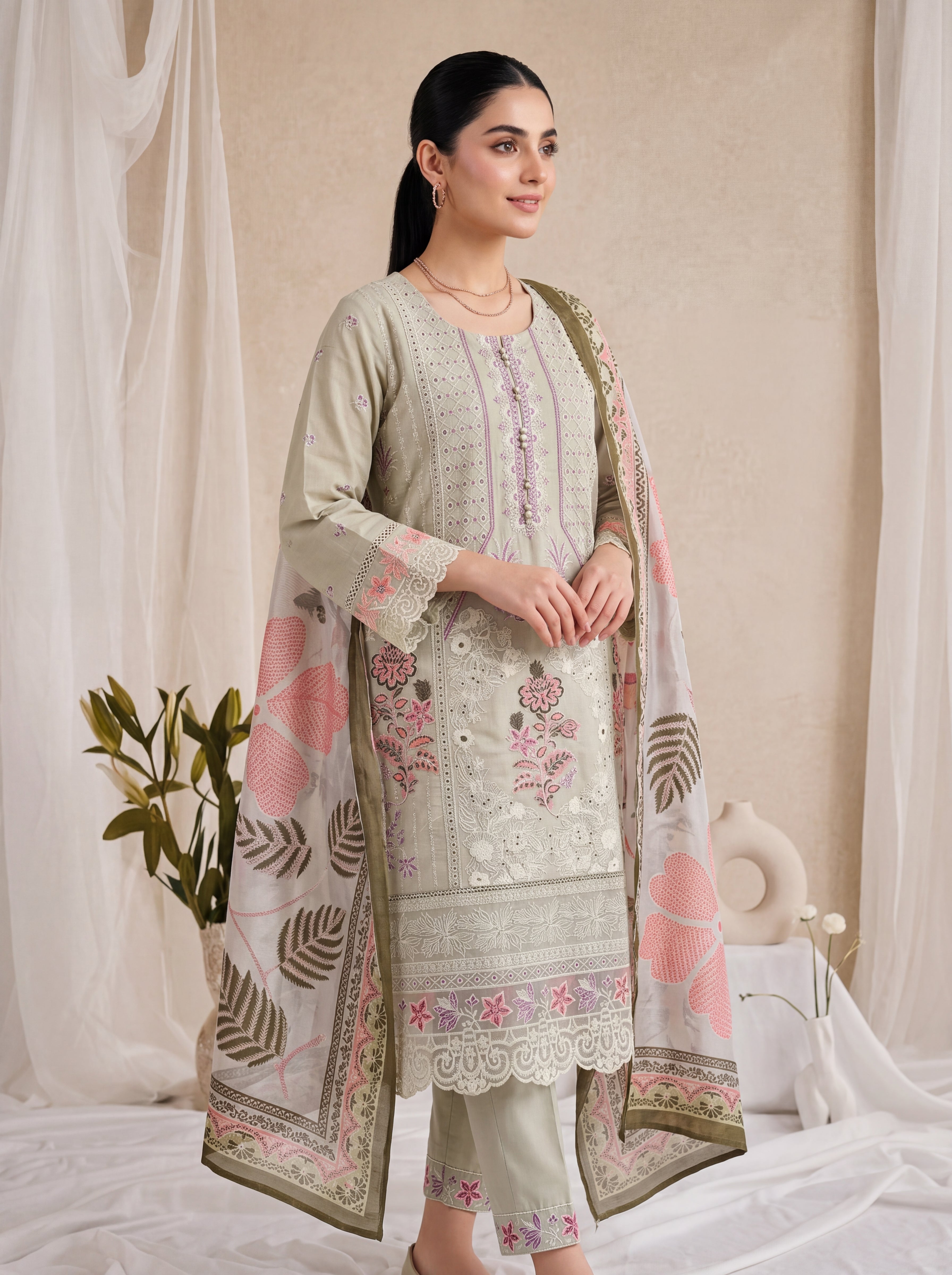 Nooréen - Embroidered Luxury Lawn 3 Piece Suit with Printed Chiffon Dupatta – Pastel Sage by ANAWA&nbsp;