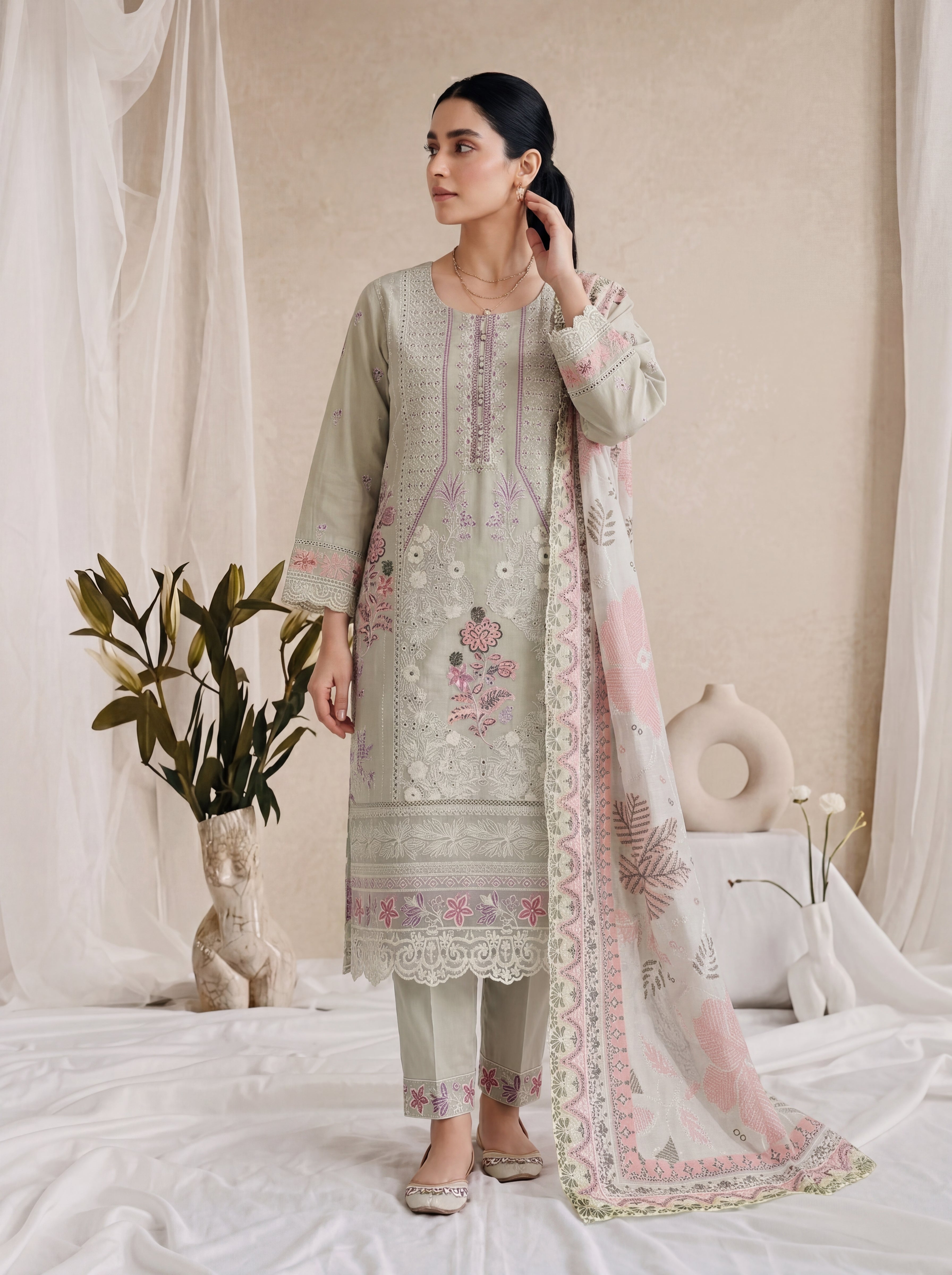 Nooréen - Embroidered Luxury Lawn 3 Piece Suit with Printed Chiffon Dupatta – Pastel Sage by ANAWA&nbsp;
