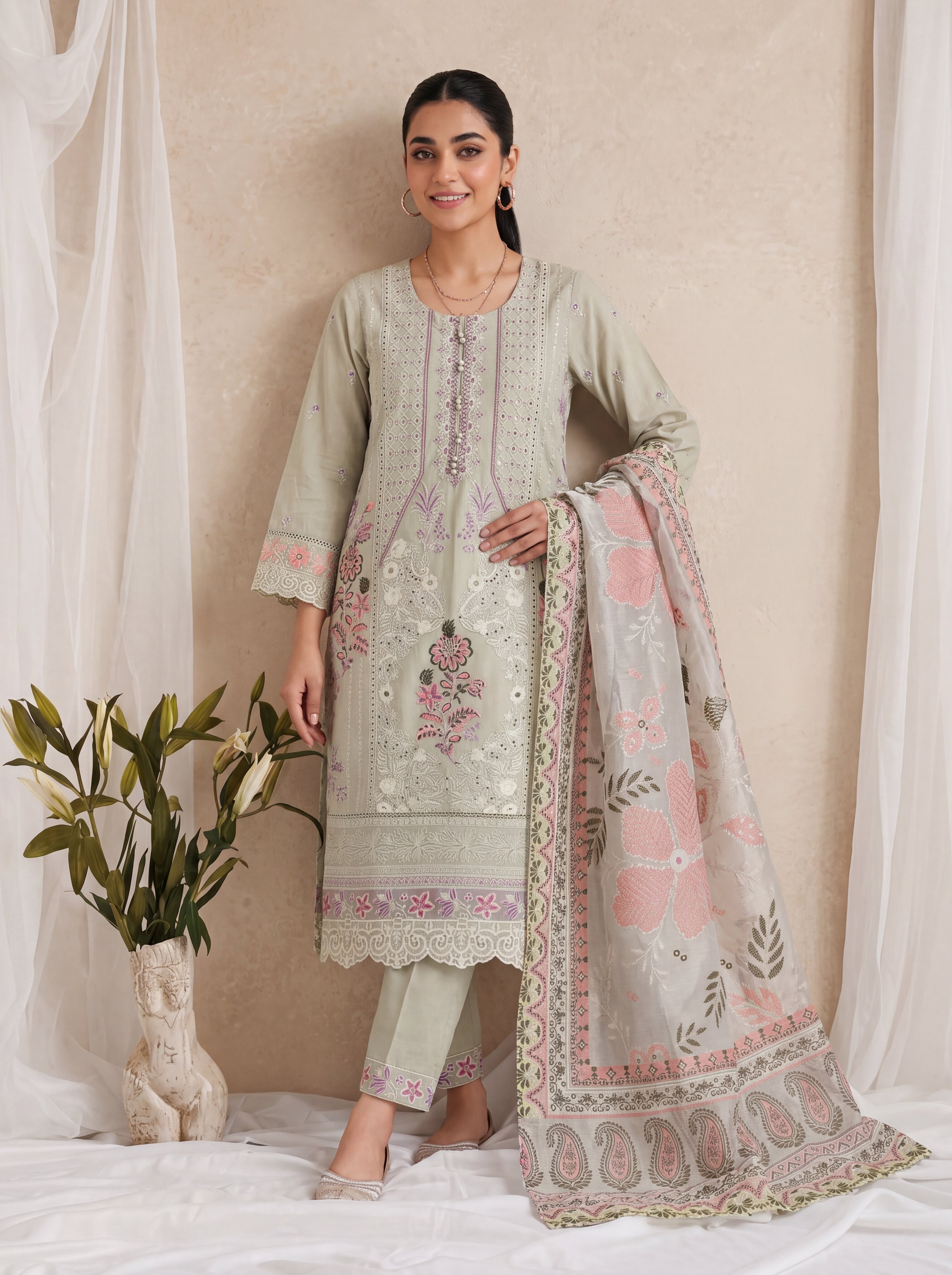 Nooréen - Embroidered Luxury Lawn 3 Piece Suit with Printed Chiffon Dupatta – Pastel Sage by ANAWA&nbsp;