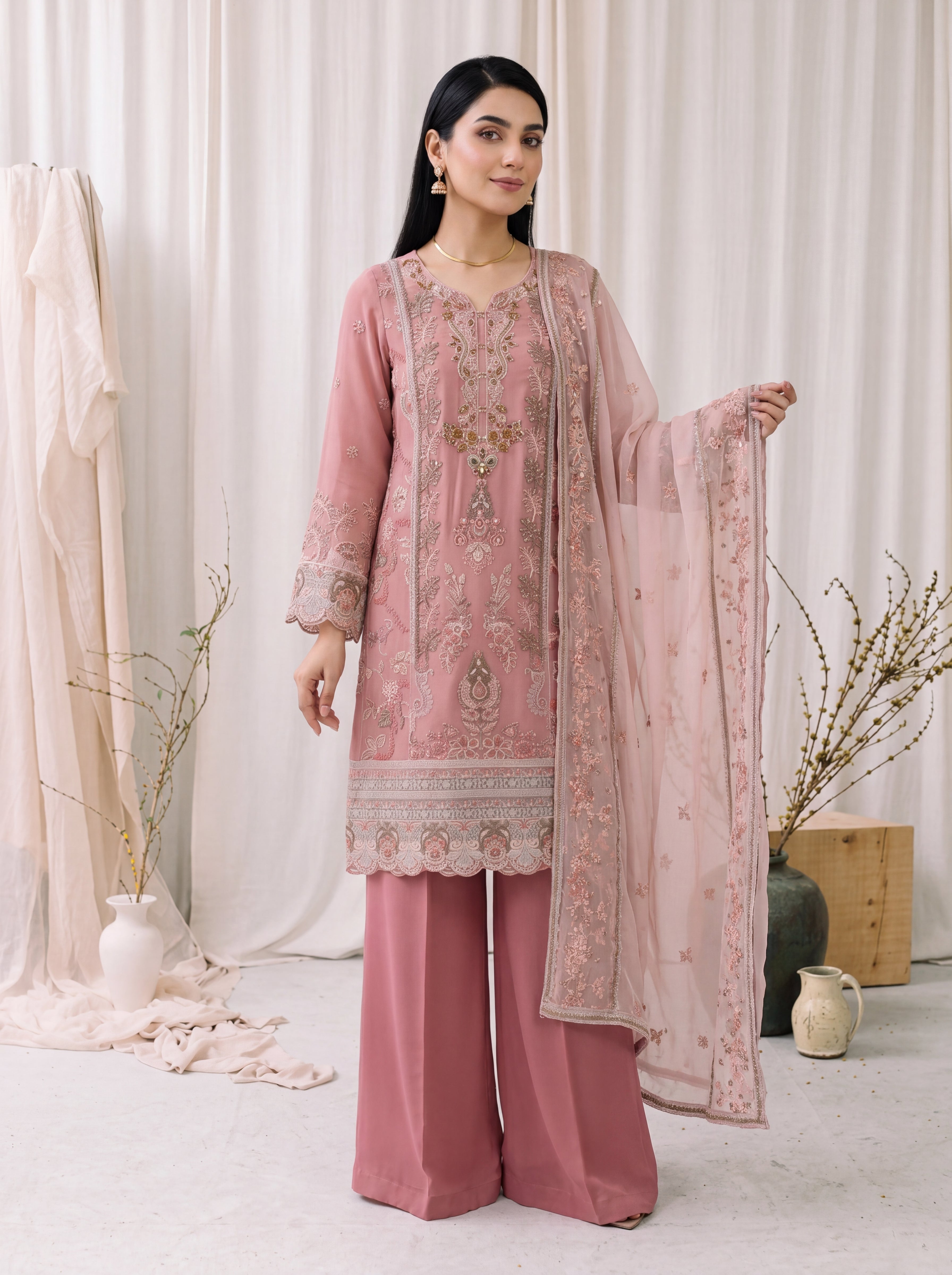 Nuray – Rosewood Embroidered 3-Piece Festive Chiffon Suit by ANAWA