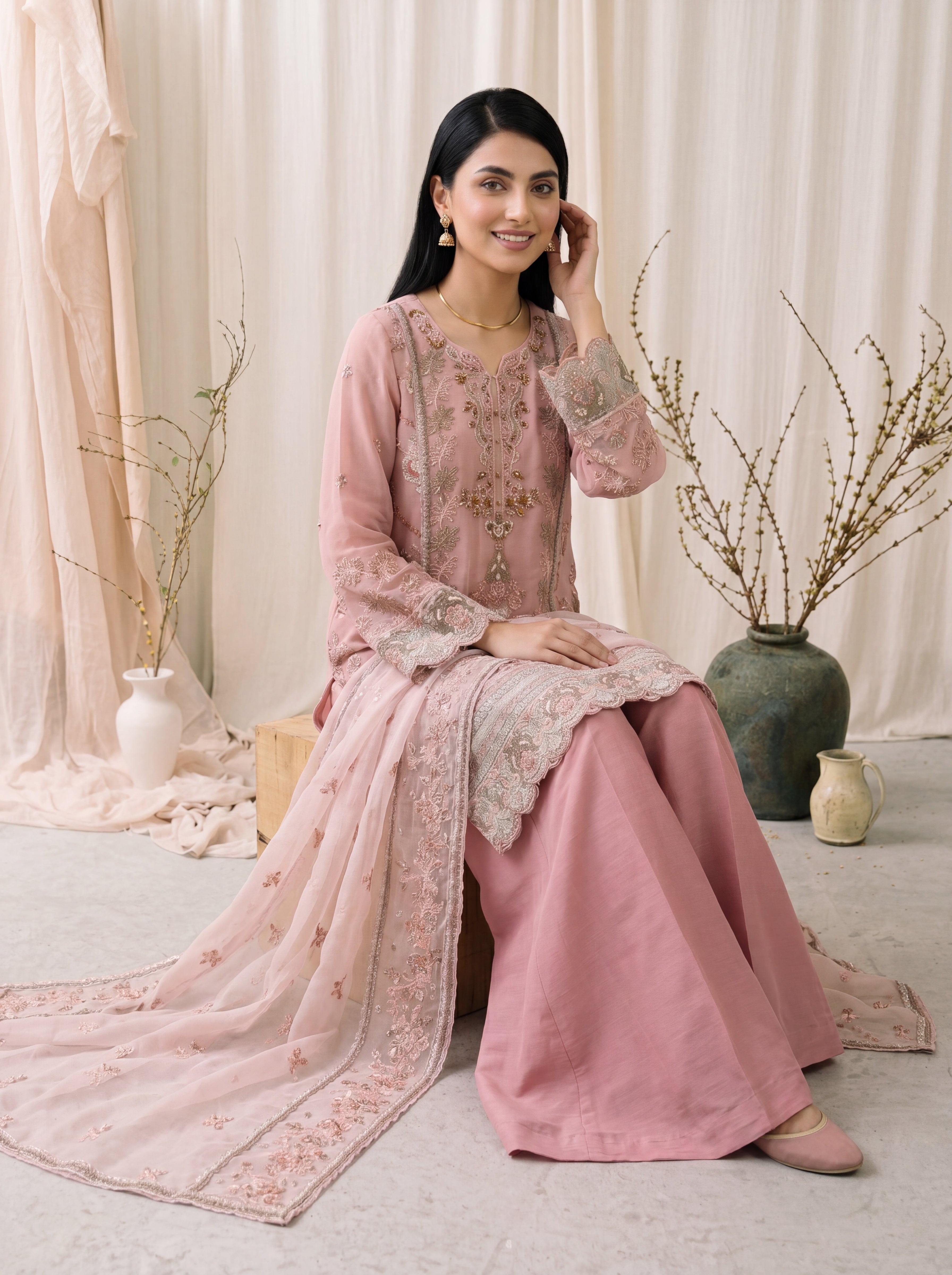 Nuray – Rosewood Embroidered 3-Piece Festive Chiffon Suit by ANAWA