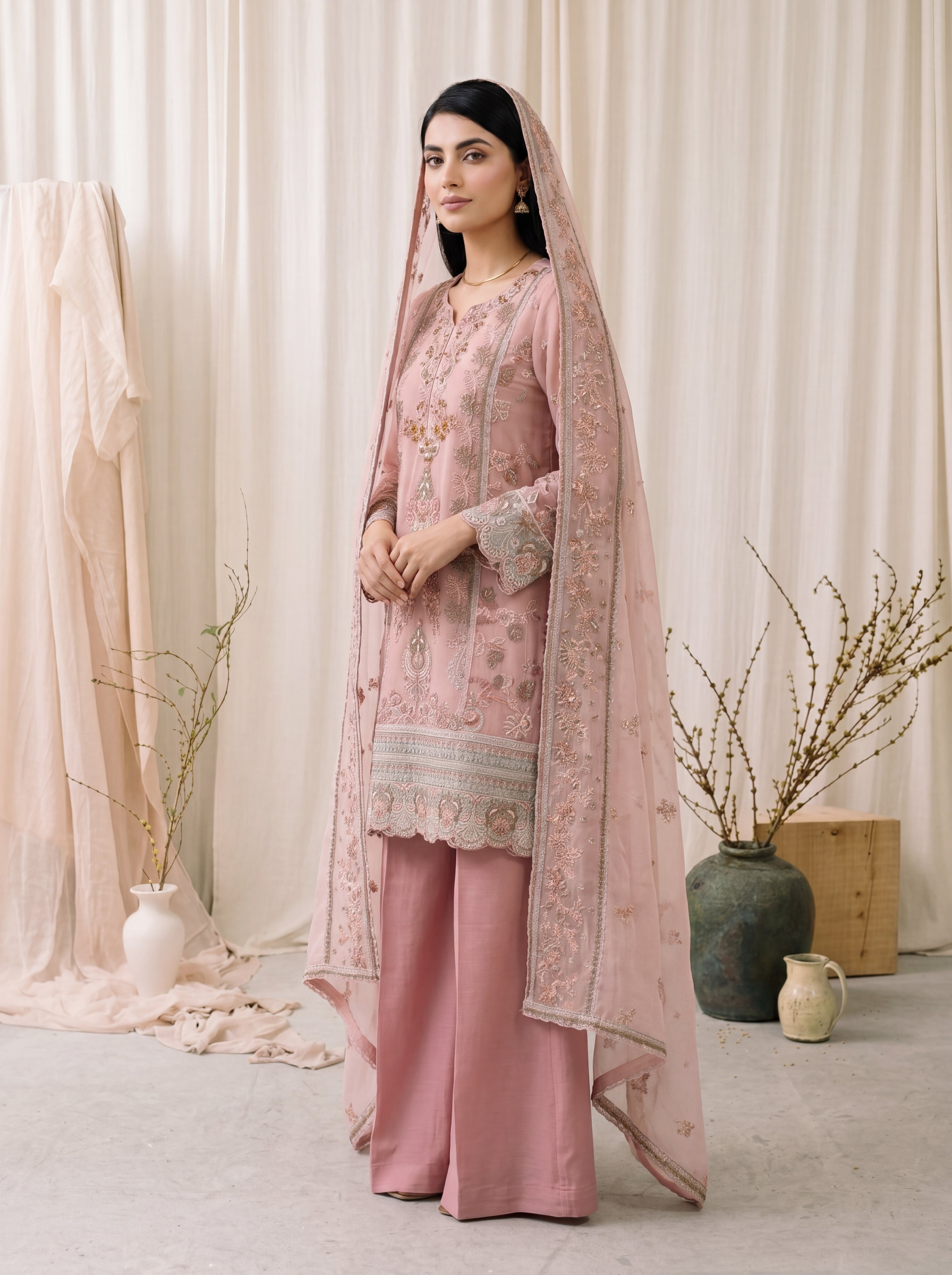 Nuray – Rosewood Embroidered 3-Piece Festive Chiffon Suit by ANAWA
