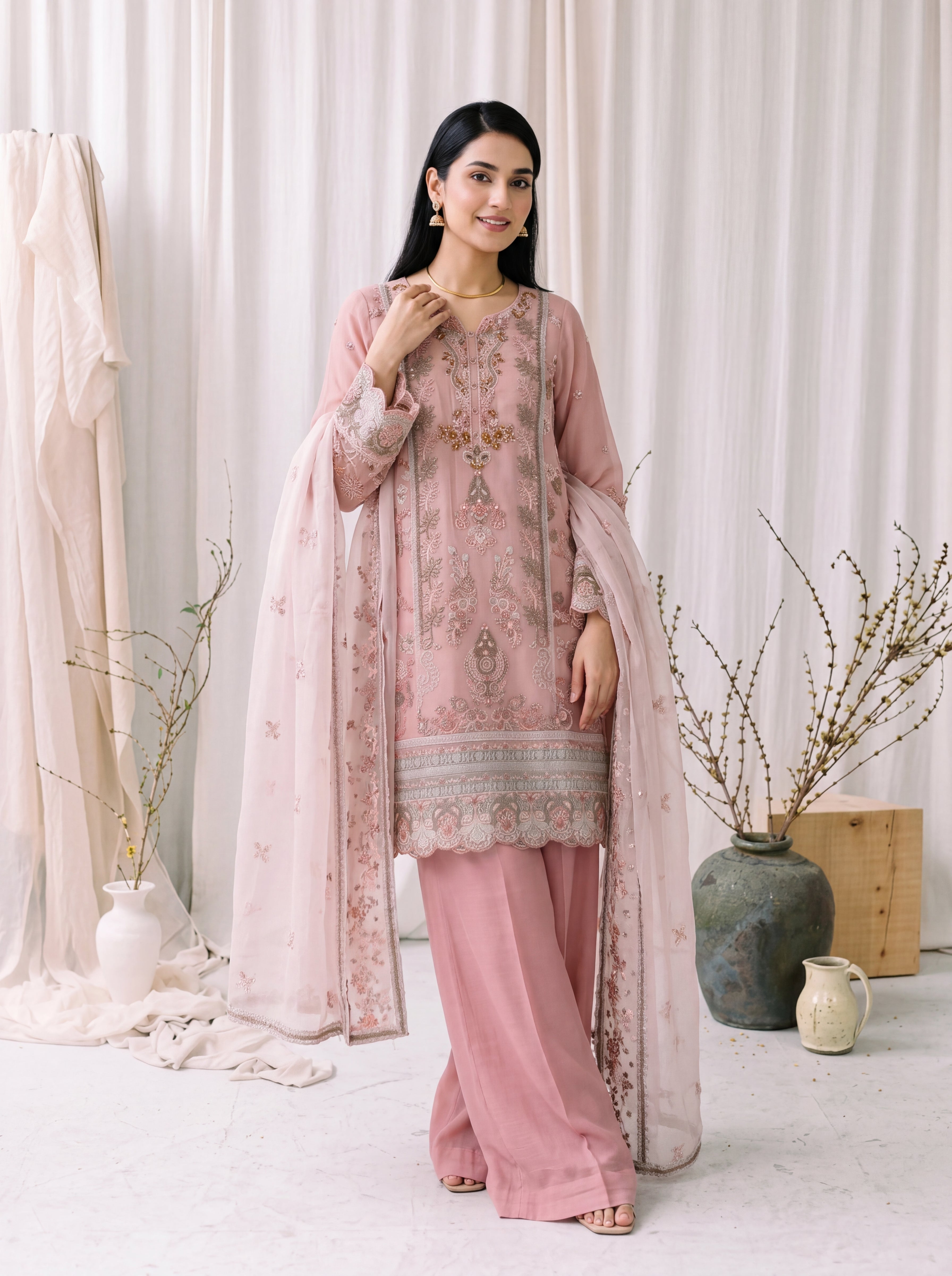 Nuray – Rosewood Embroidered 3-Piece Festive Chiffon Suit by ANAWA