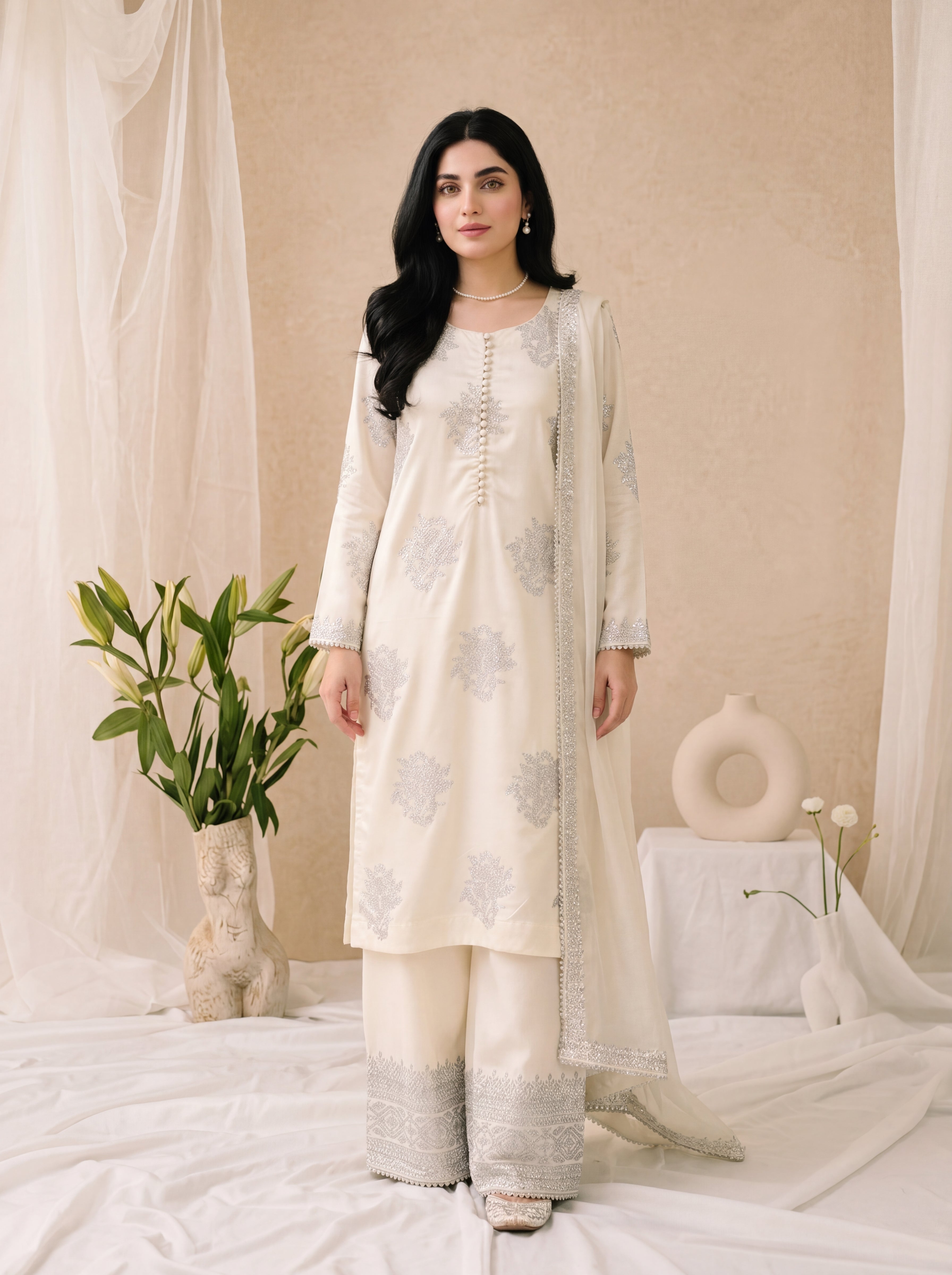 Lily – Ivory White Embroidered 3-Piece Silk Suit by ANAWA