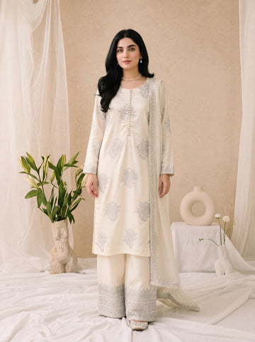 Lily – Ivory White Embroidered 3-Piece Silk Suit by ANAWA