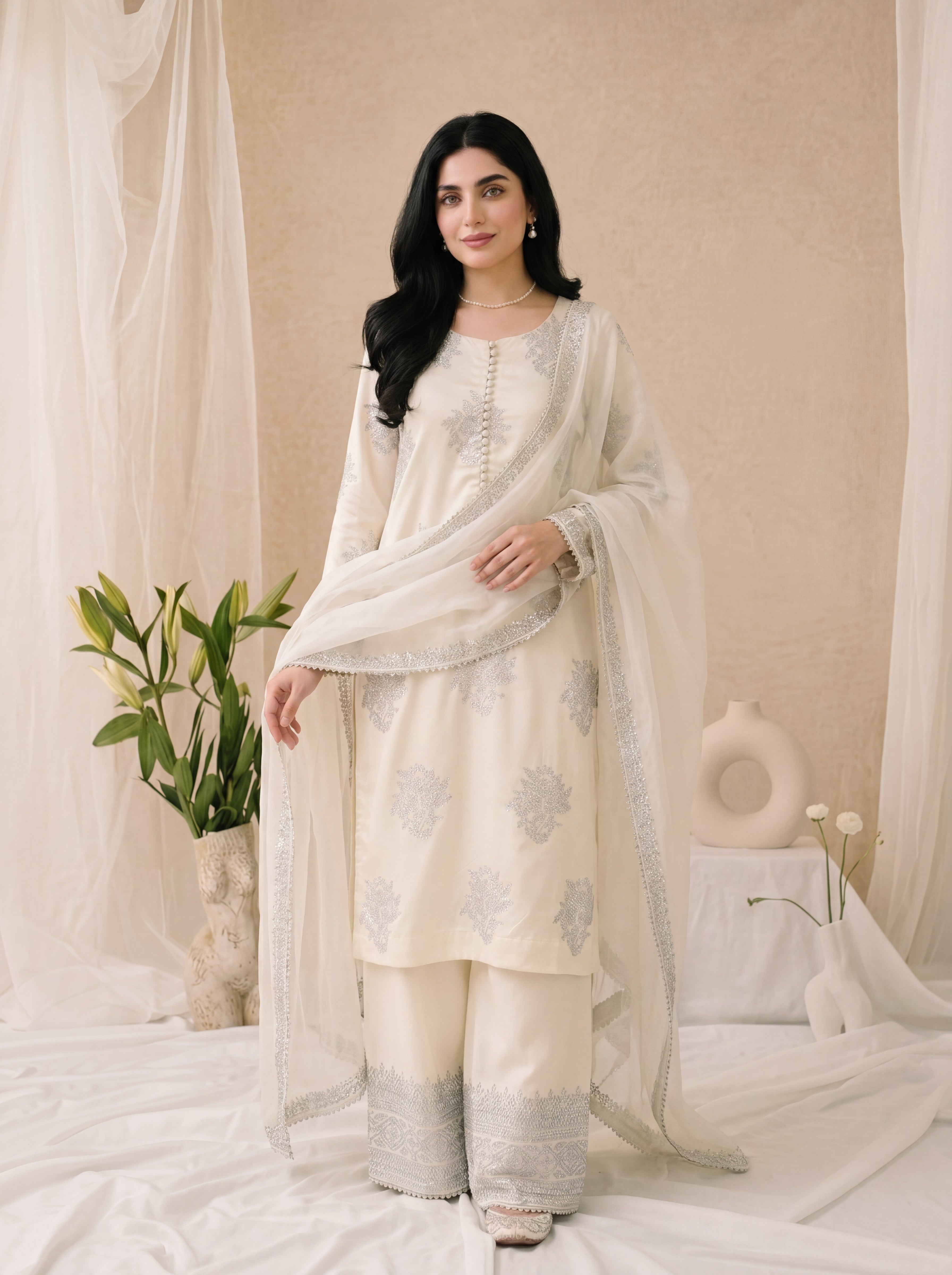 Lily – Ivory White Embroidered 3-Piece Silk Suit by ANAWA