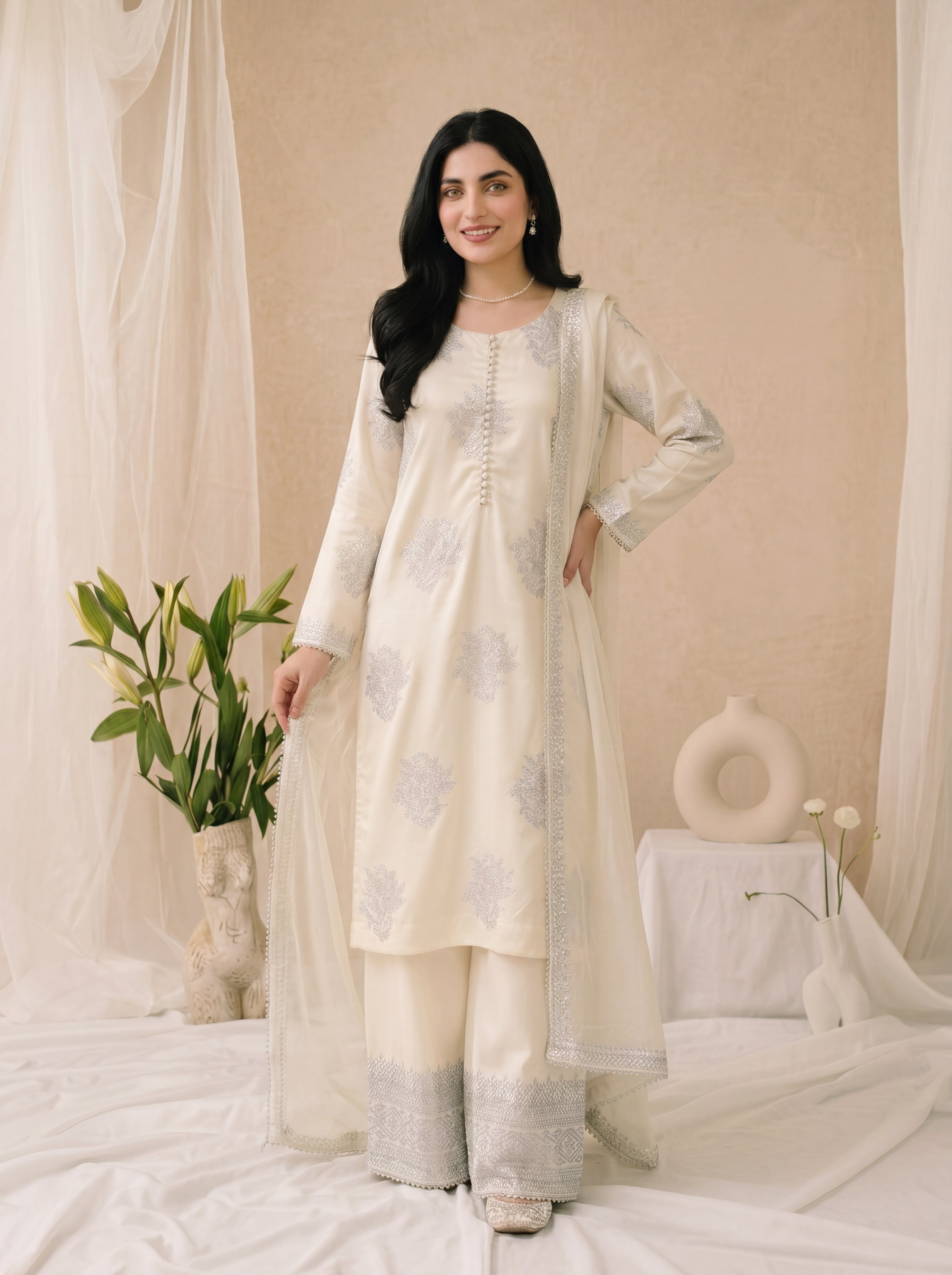 Lily – Ivory White Embroidered 3-Piece Silk Suit by ANAWA