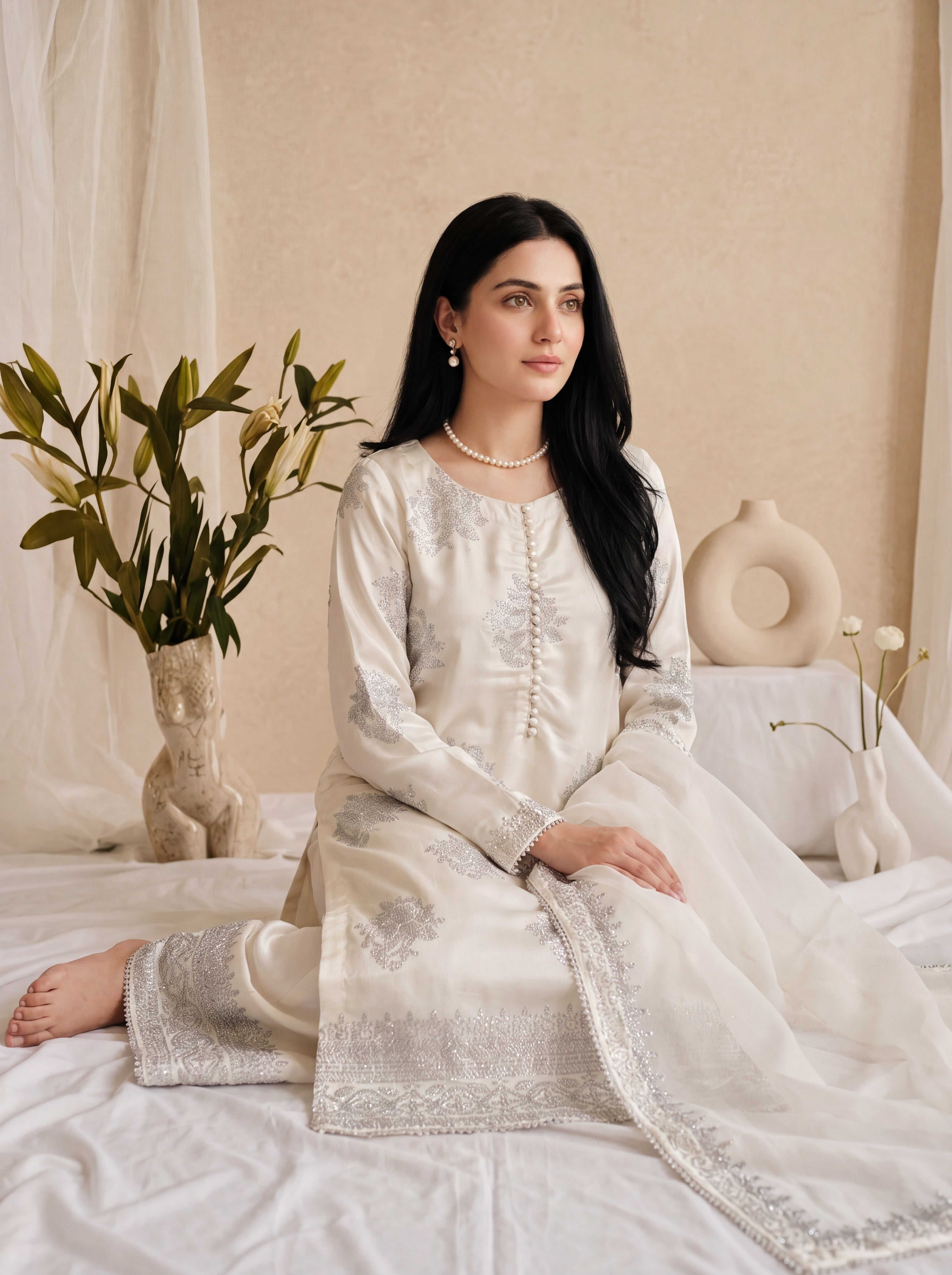 Lily – Ivory White Embroidered 3-Piece Silk Suit by ANAWA