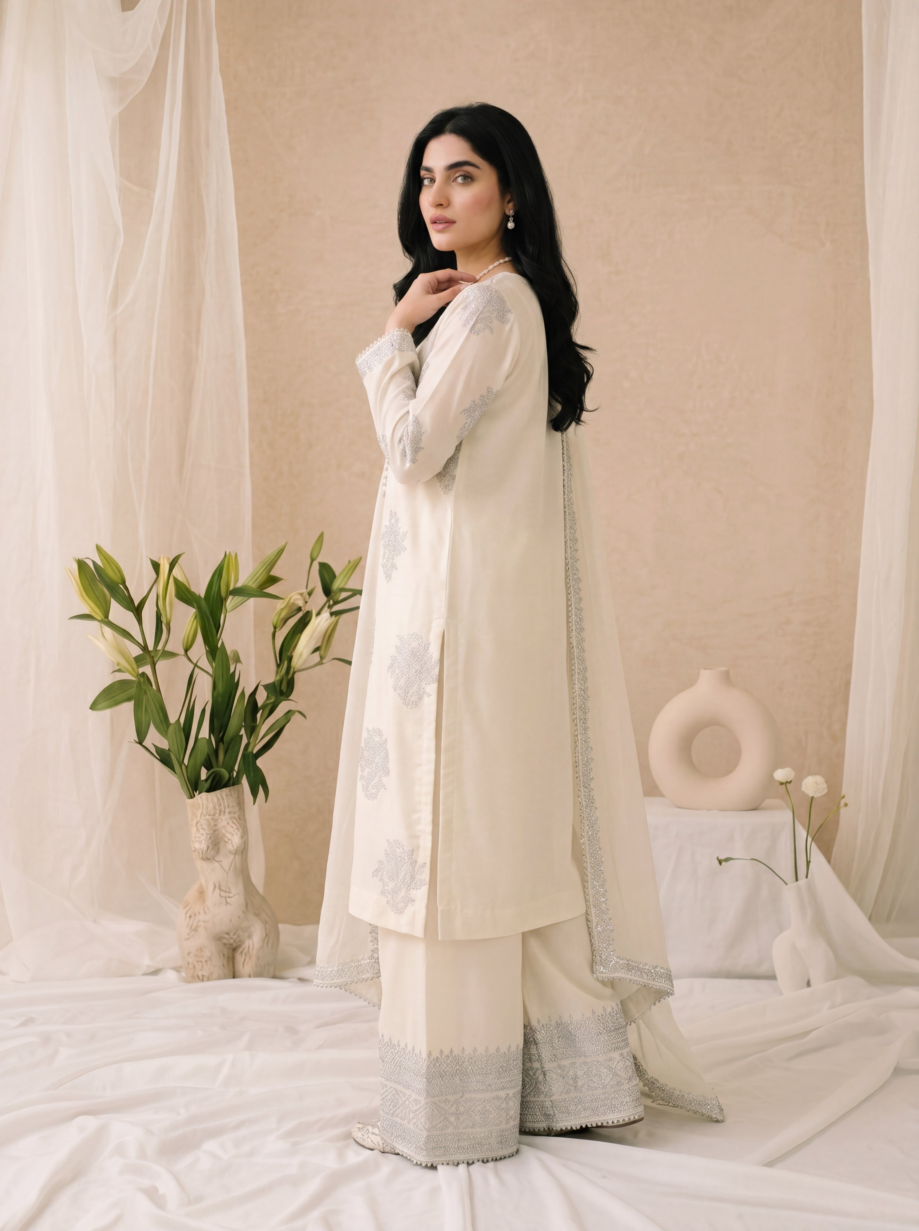 Lily – Ivory White Embroidered 3-Piece Silk Suit by ANAWA