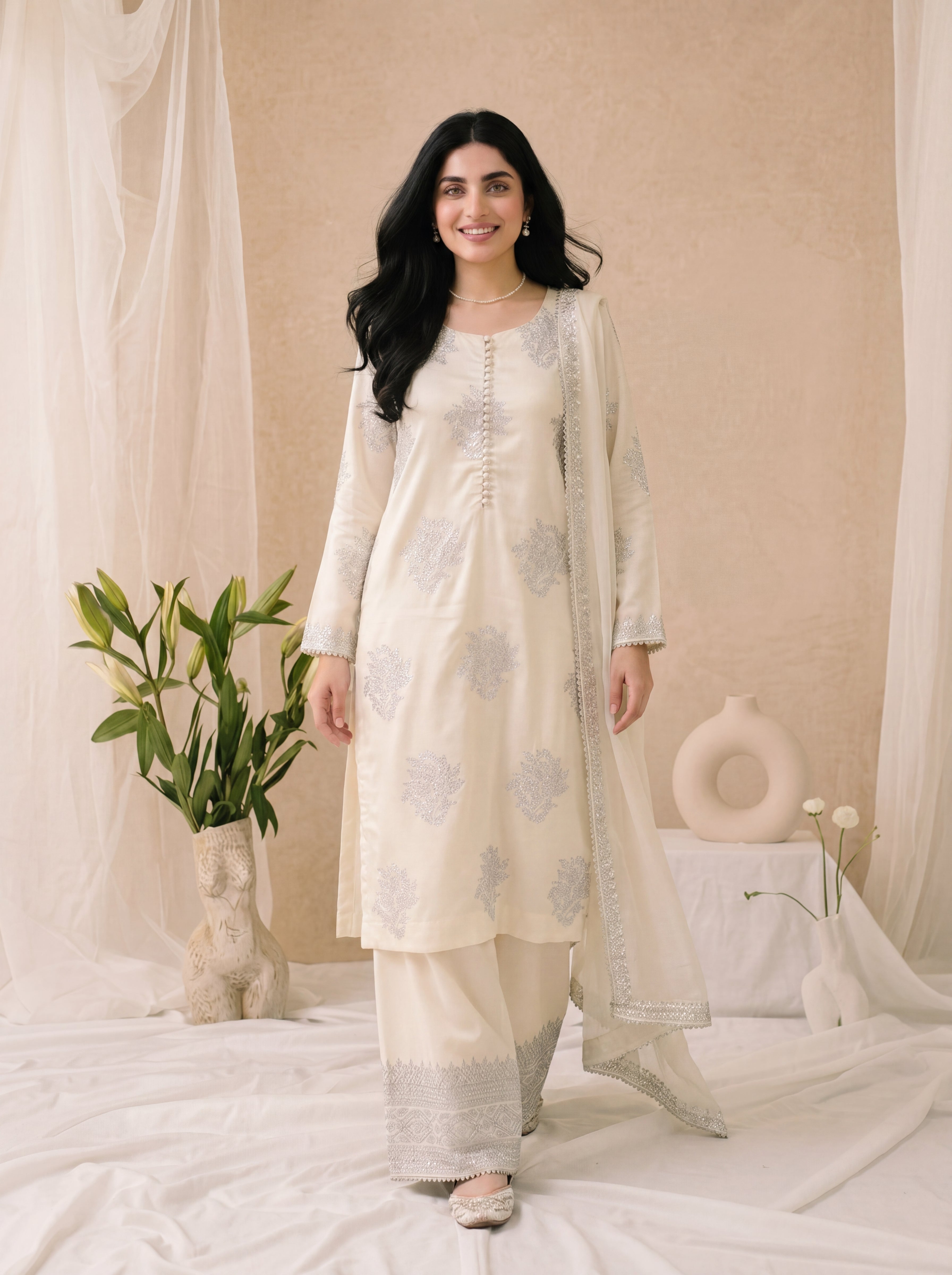 Lily – Ivory White Embroidered 3-Piece Silk Suit by ANAWA