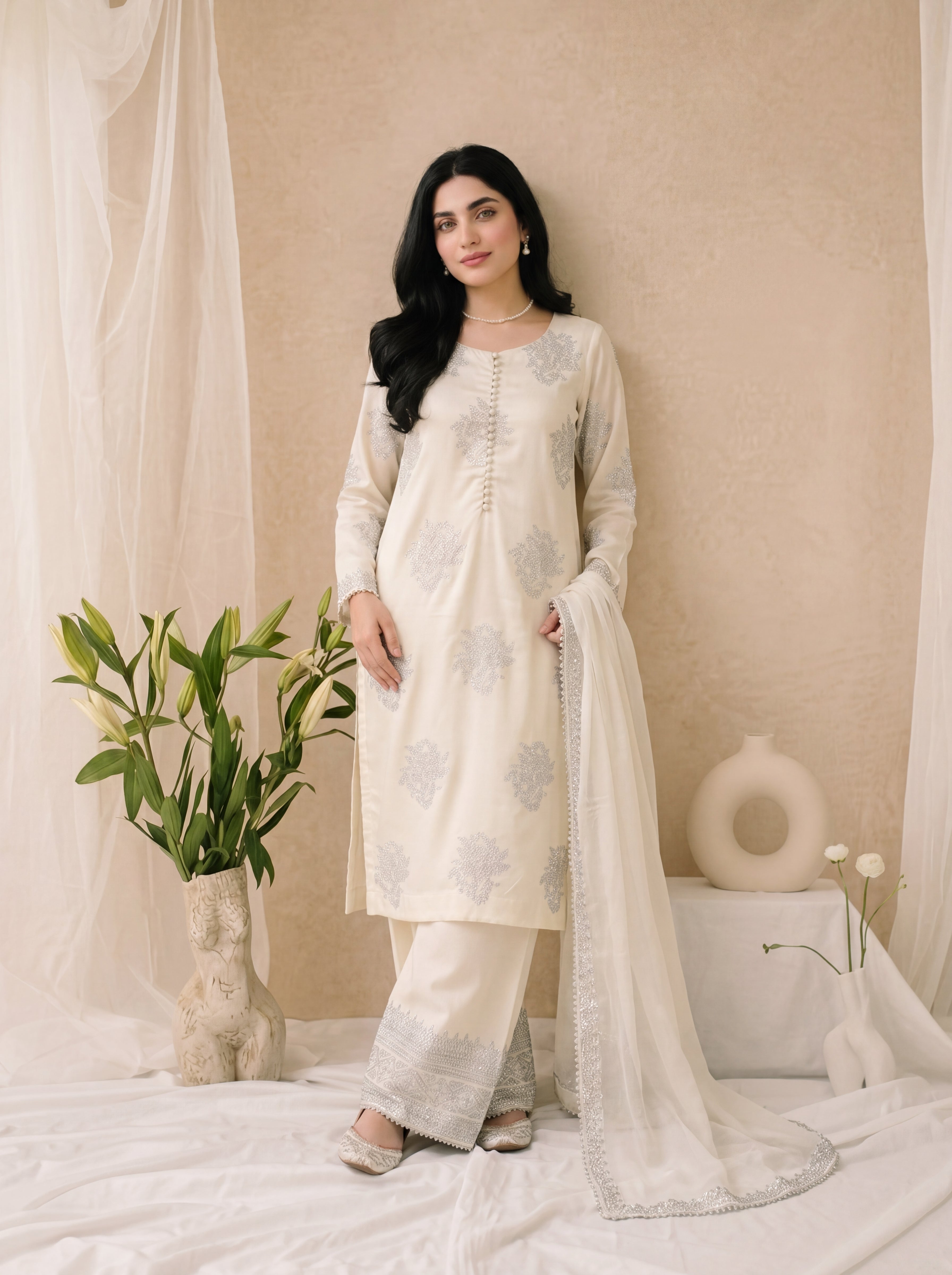 Lily – Ivory White Embroidered 3-Piece Silk Suit by ANAWA