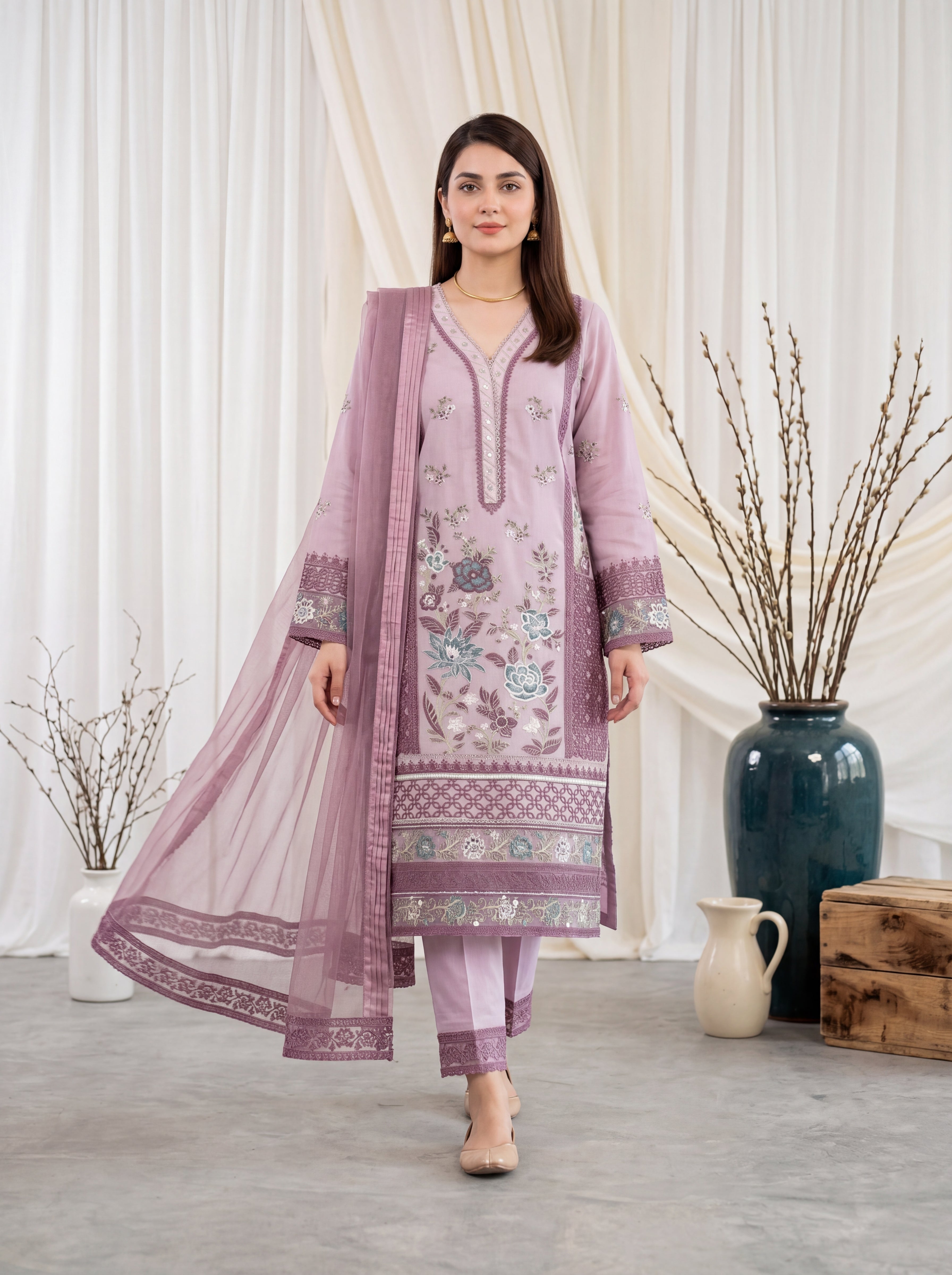Lilac – Embroidered 3-Piece Khadi Net Suit by ANAWA