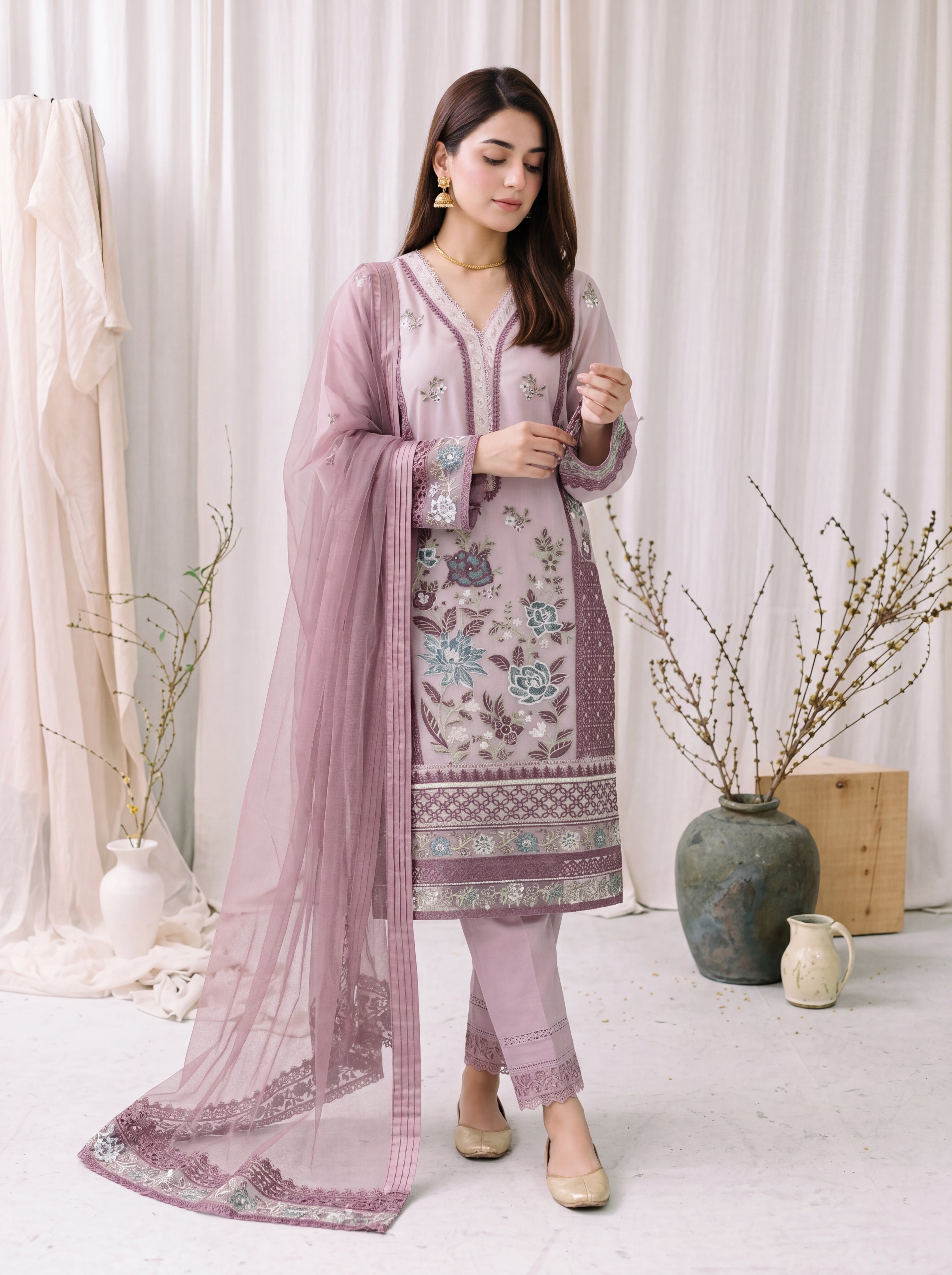 Lilac – Embroidered 3-Piece Khadi Net Suit by ANAWA