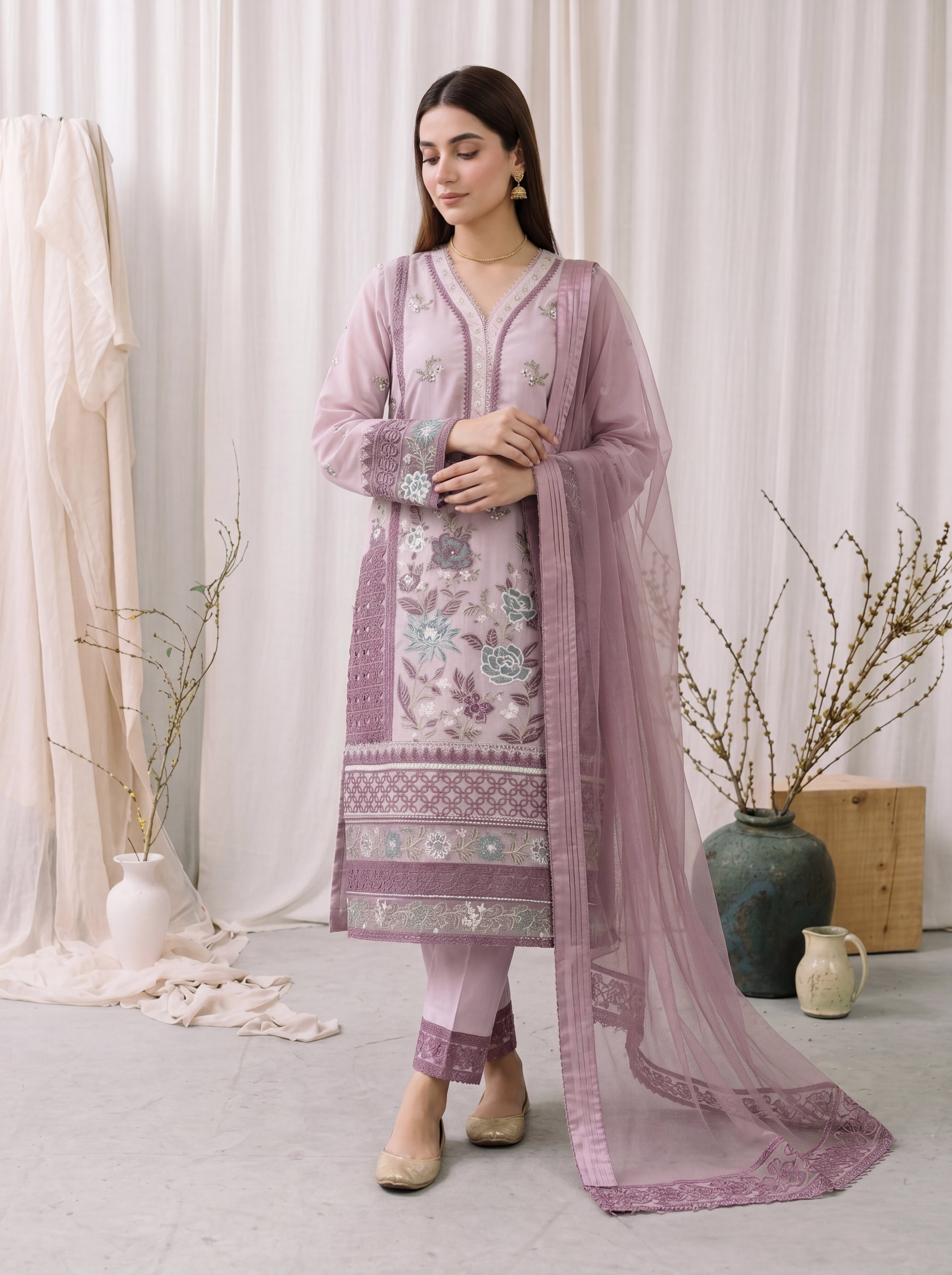 Lilac – Embroidered 3-Piece Khadi Net Suit by ANAWA