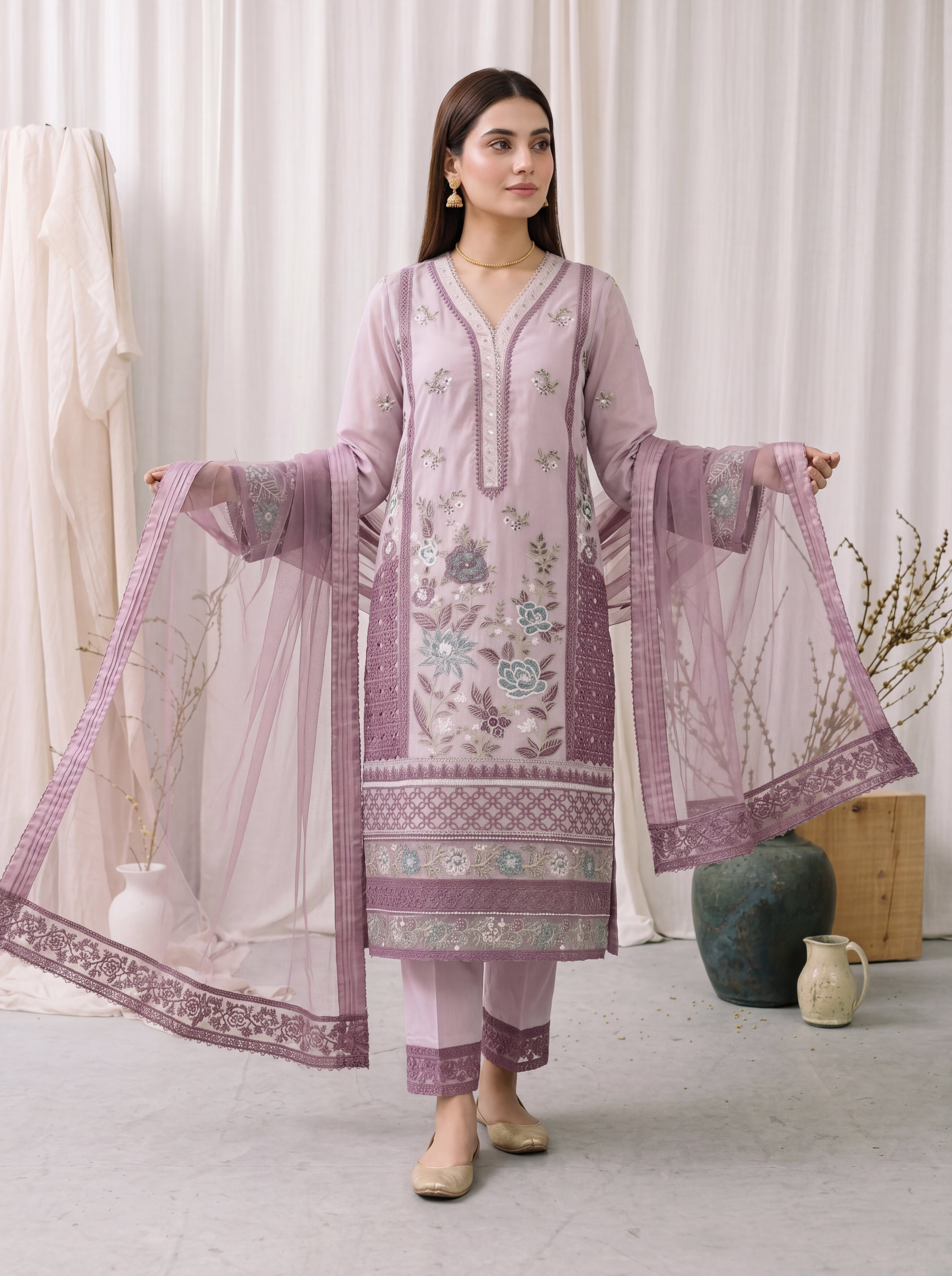 Lilac – Embroidered 3-Piece Khadi Net Suit by ANAWA