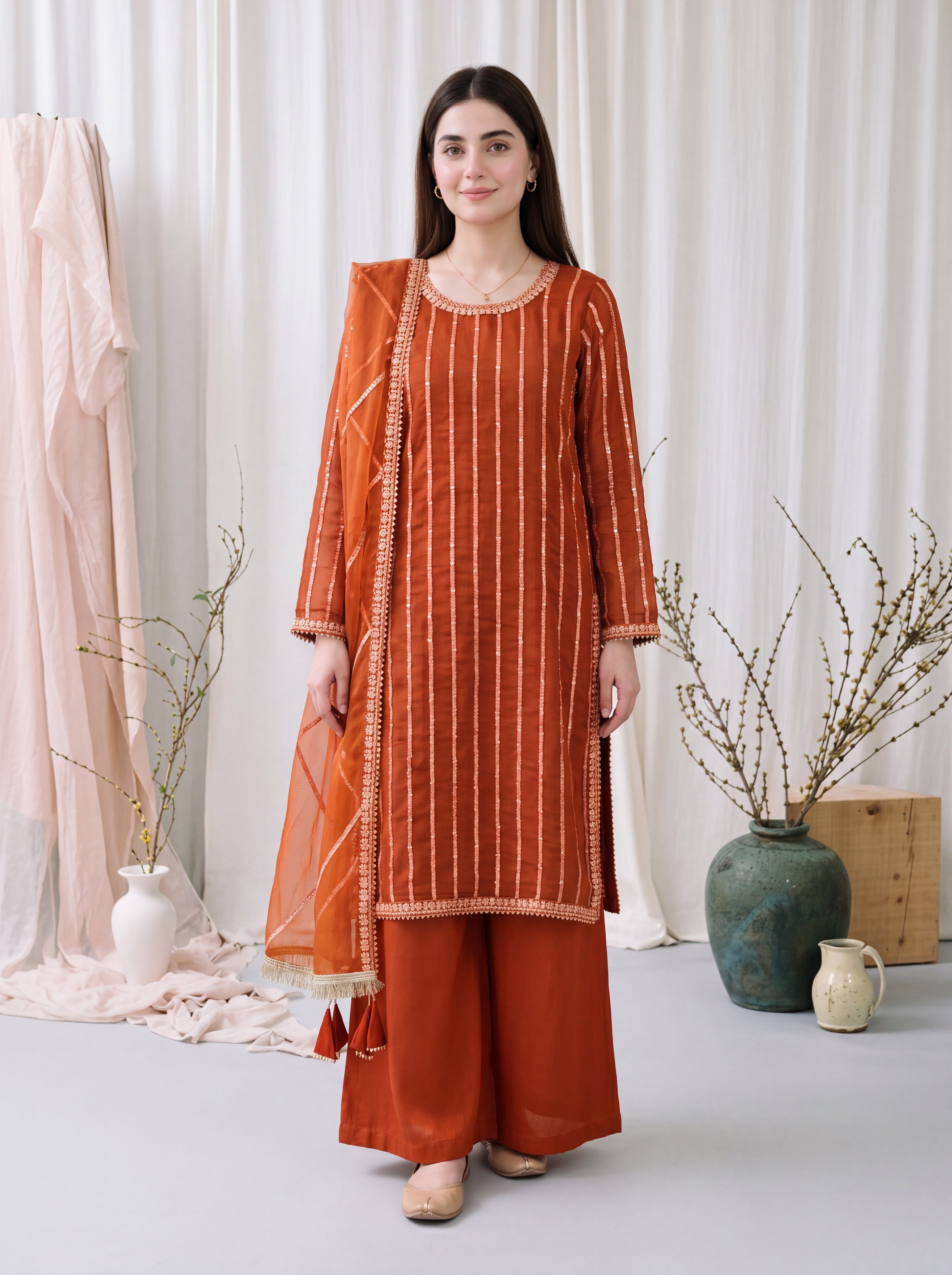Saffron – Rust Orange Embroidered 3-Piece Festive Chiffon Suit by ANAWA