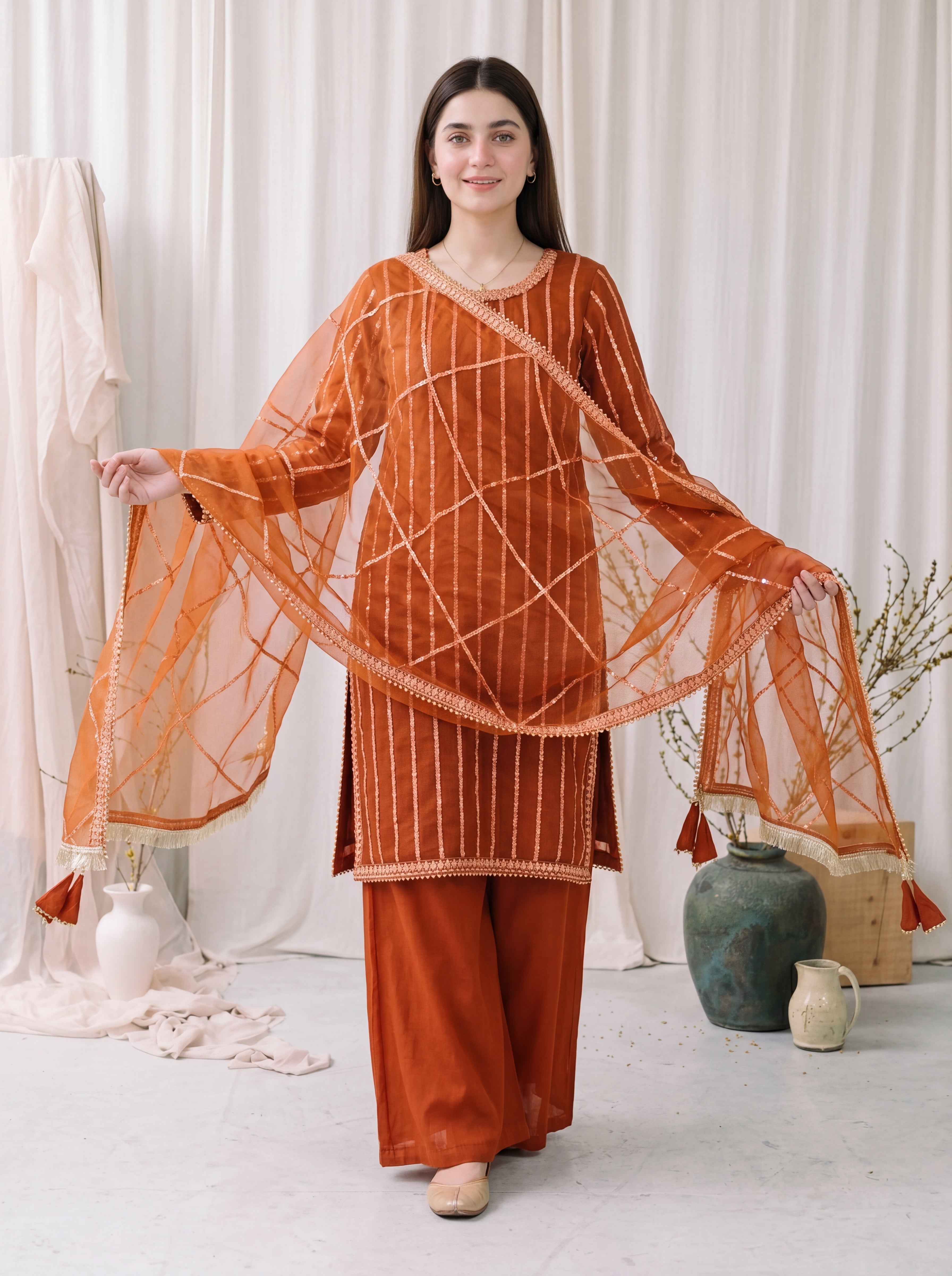 Saffron – Rust Orange Embroidered 3-Piece Festive Chiffon Suit by ANAWA