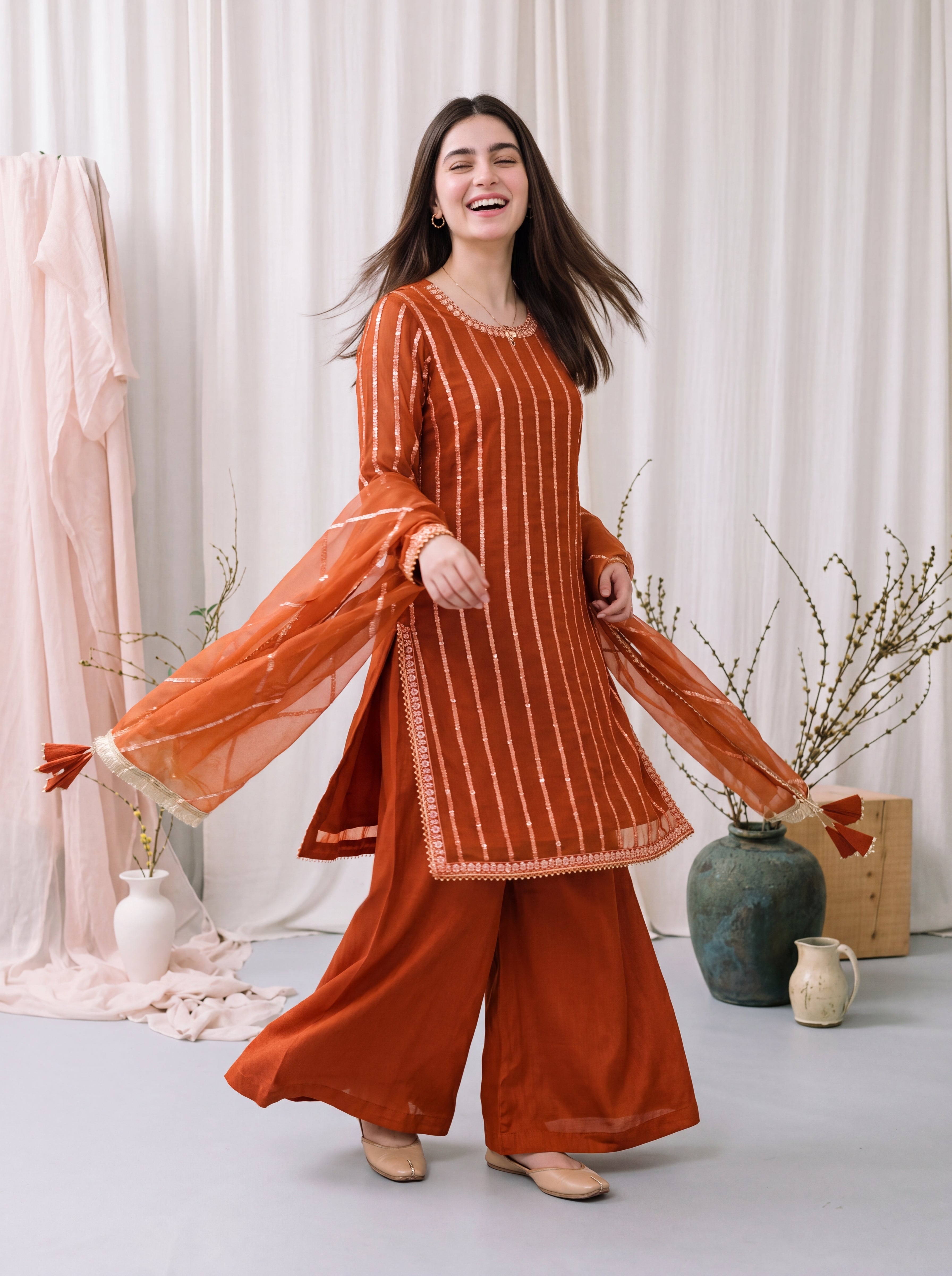 Saffron – Rust Orange Embroidered 3-Piece Festive Chiffon Suit by ANAWA
