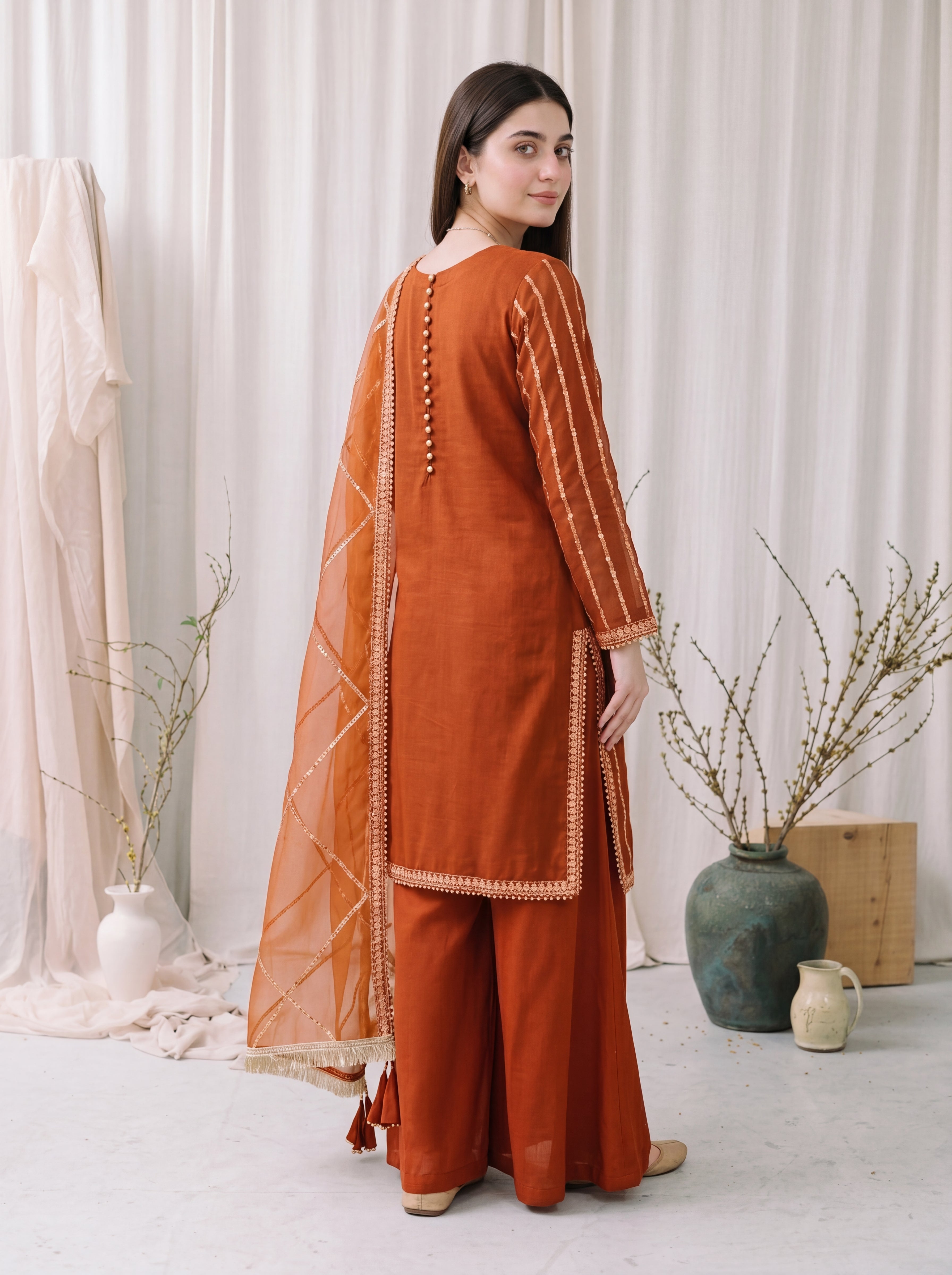 Saffron – Rust Orange Embroidered 3-Piece Festive Chiffon Suit by ANAWA