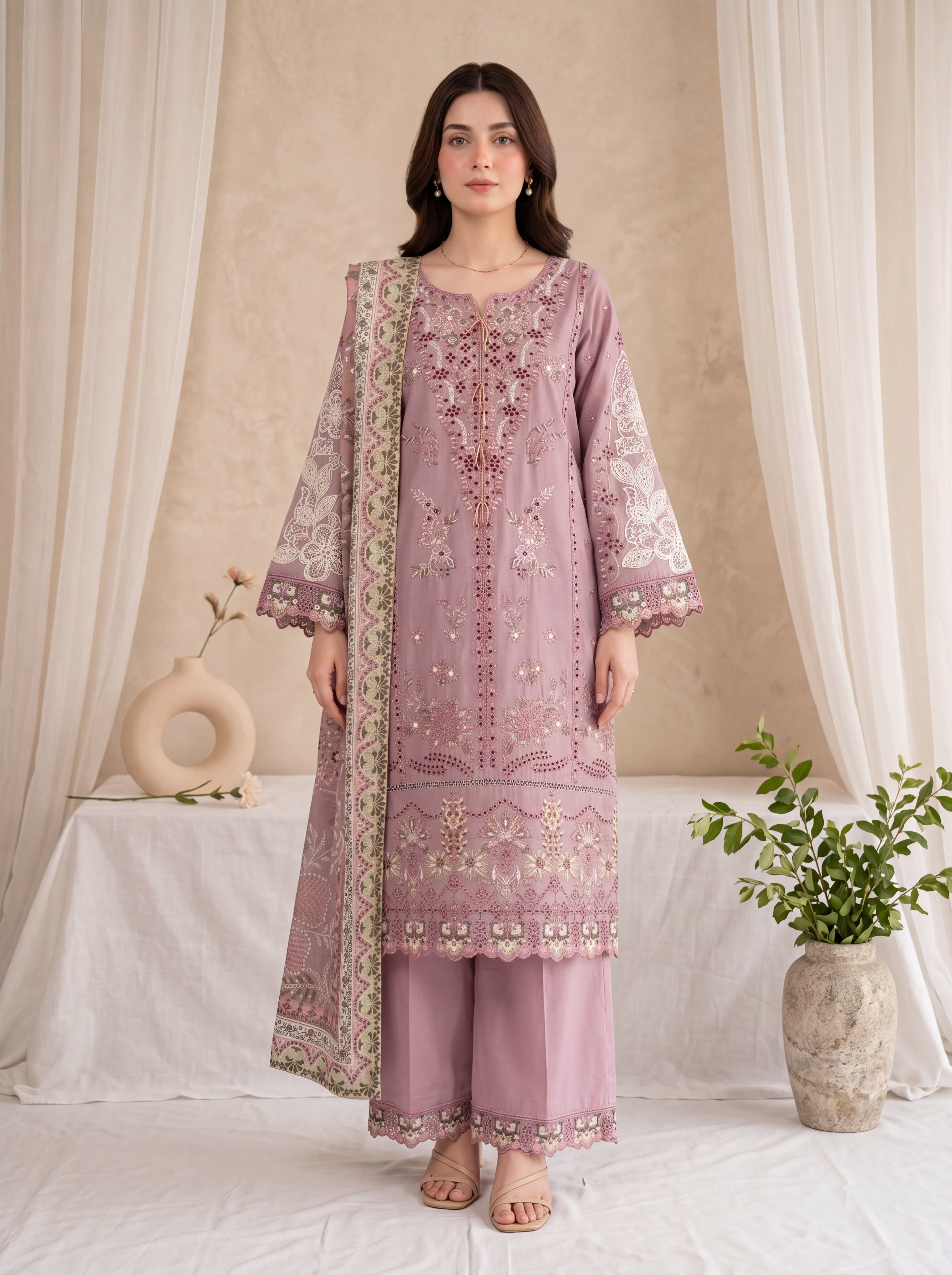 Mehtab – Mauve Embroidered 3-Piece Cotton Lawn Suit by ANAWA